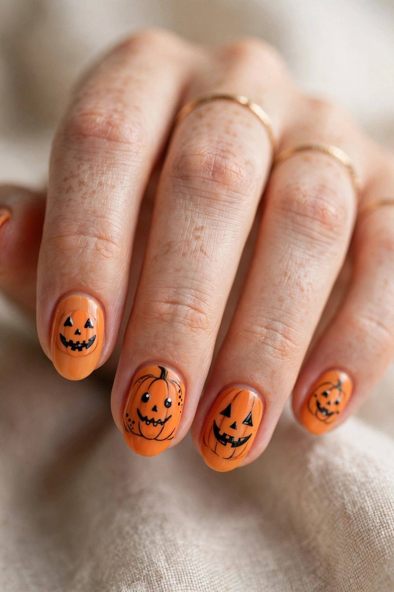 Jack o lantern halloween nail designs with carved pumpkin faces on orange nails