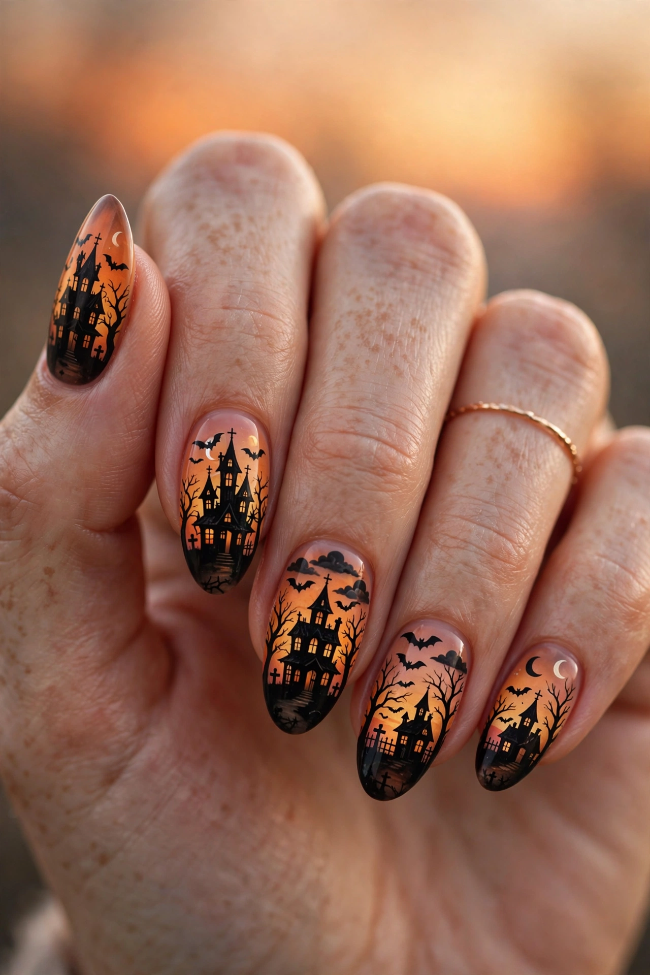 Haunted house halloween nail designs with spooky house silhouettes on moonlit nails