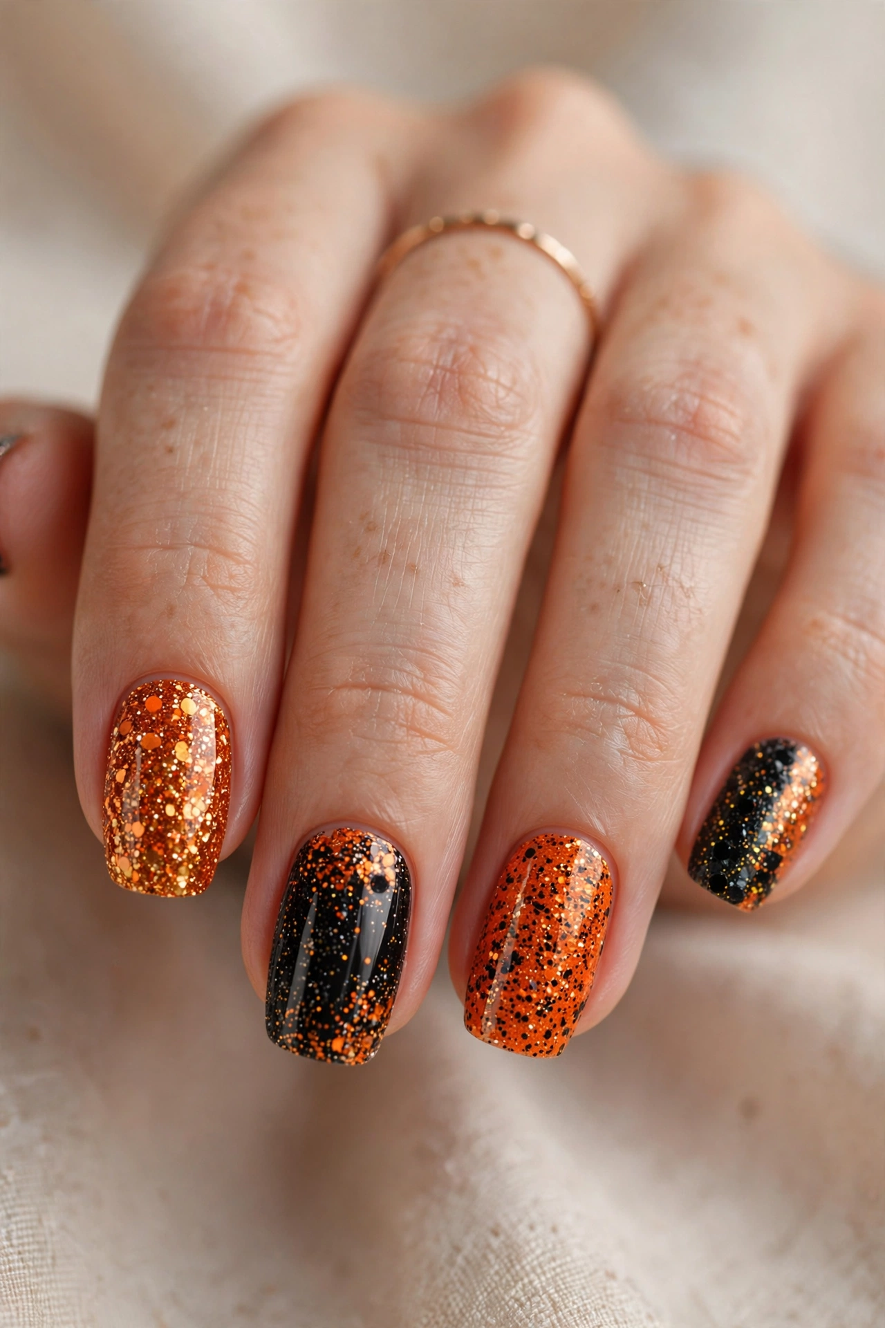 Glittery orange and black halloween nail designs with sparkling festive finish
