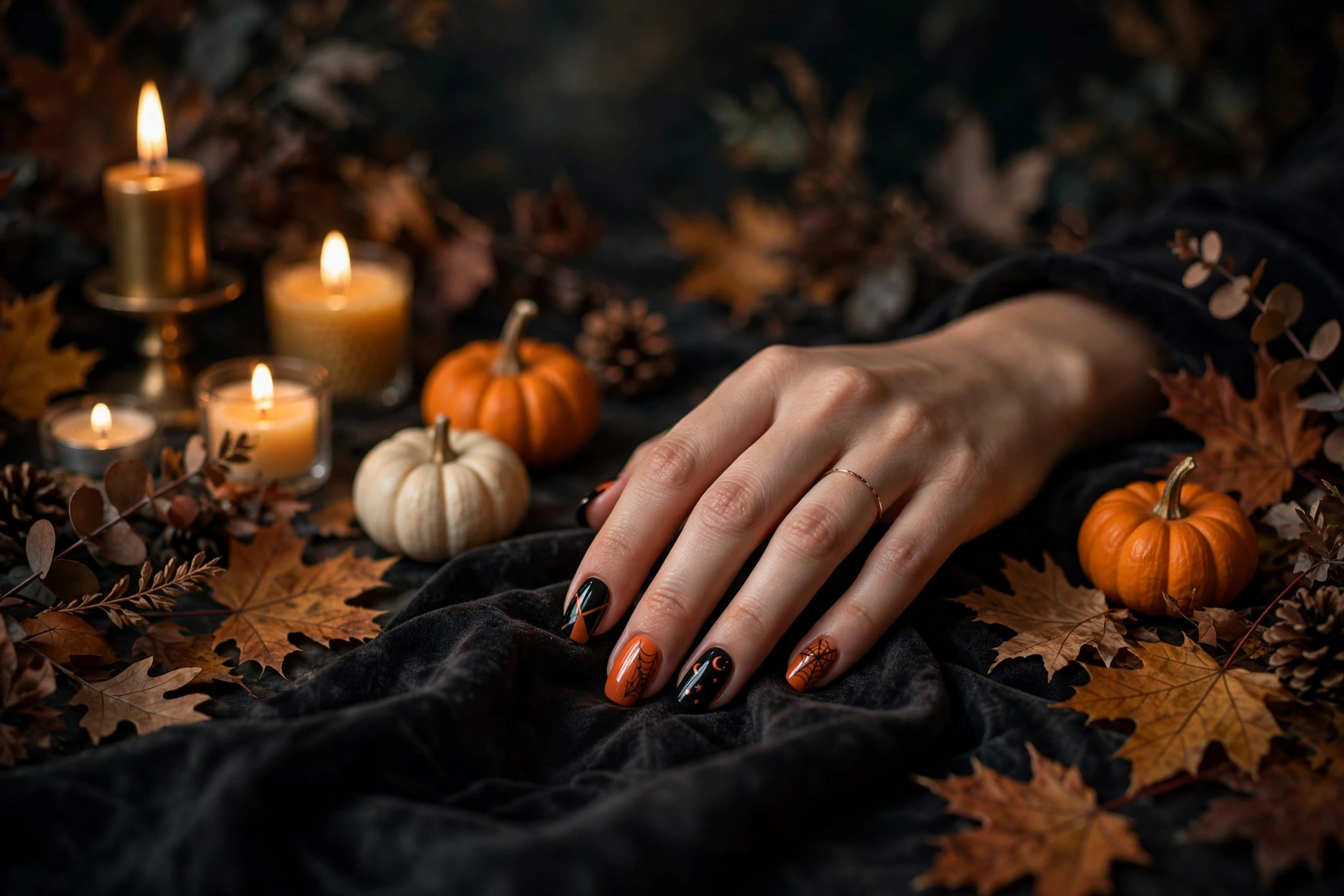 Spooky-chic halloween nail designs with pumpkins ghosts and spider webs
