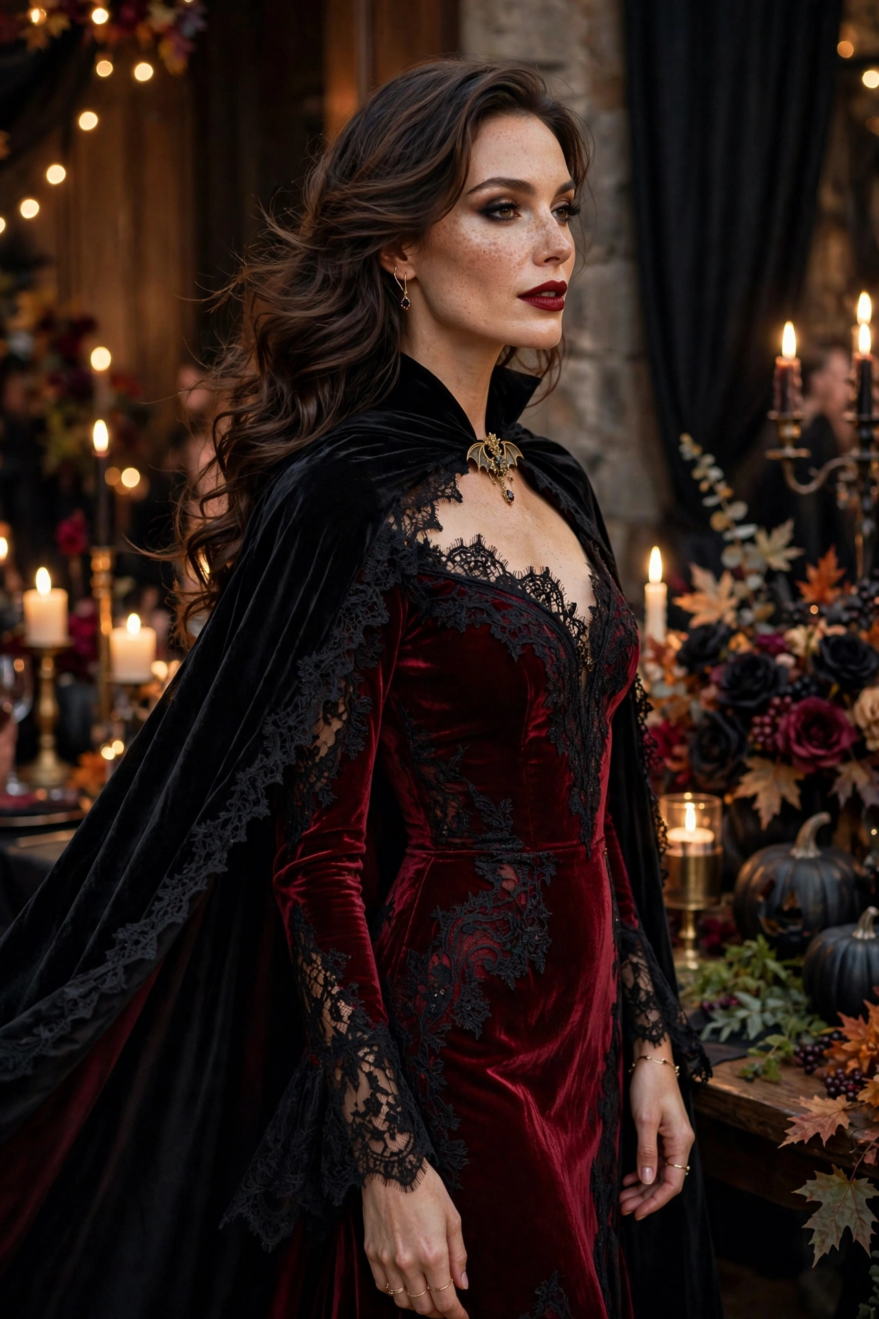 Glamorous vampire halloween party outfit for women in red velvet dress