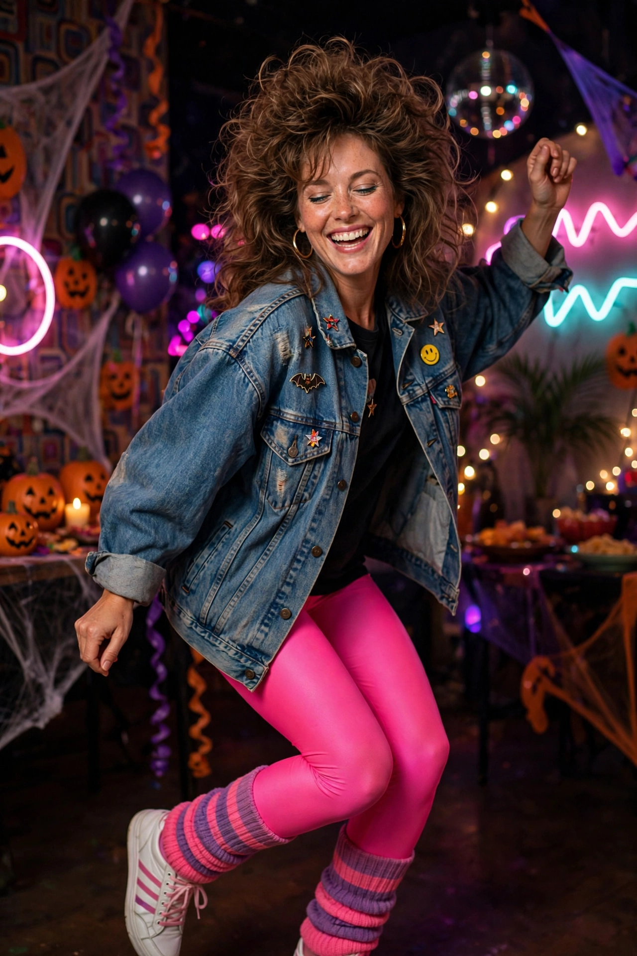 80s retro halloween party outfit for women with neon leggings and denim jacket