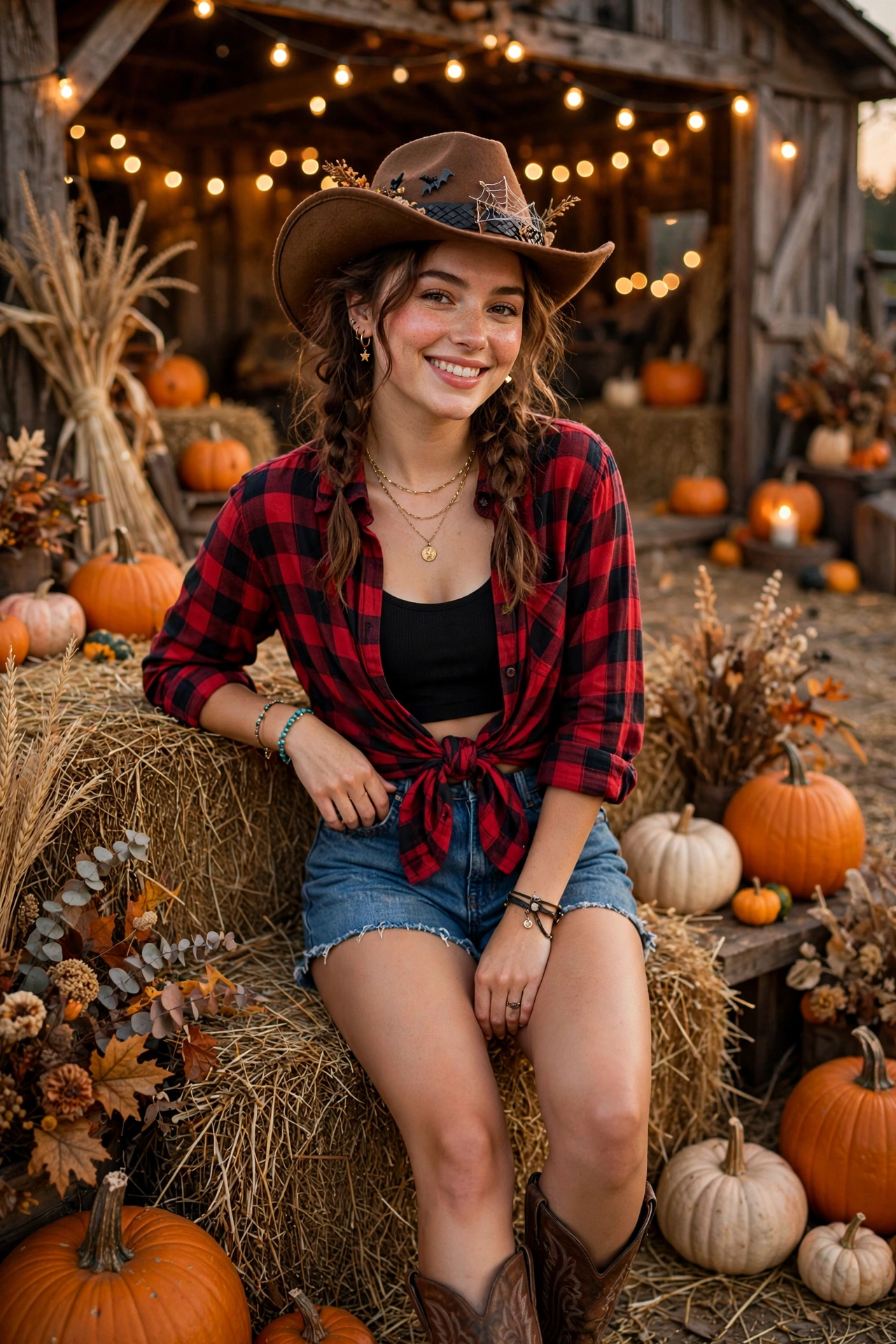 Cute cowgirl halloween party outfit for women with cowboy hat and boots