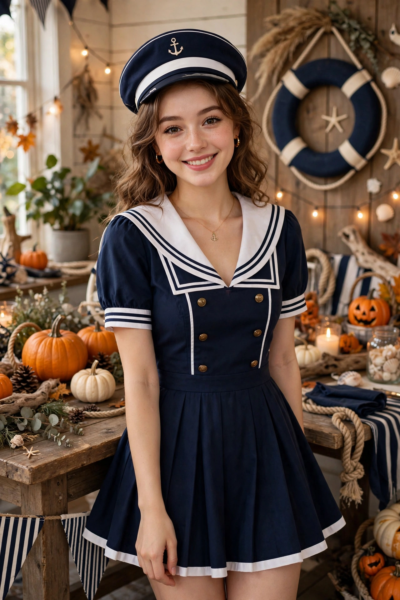 Sailor girl halloween party outfit for women in navy and white dress