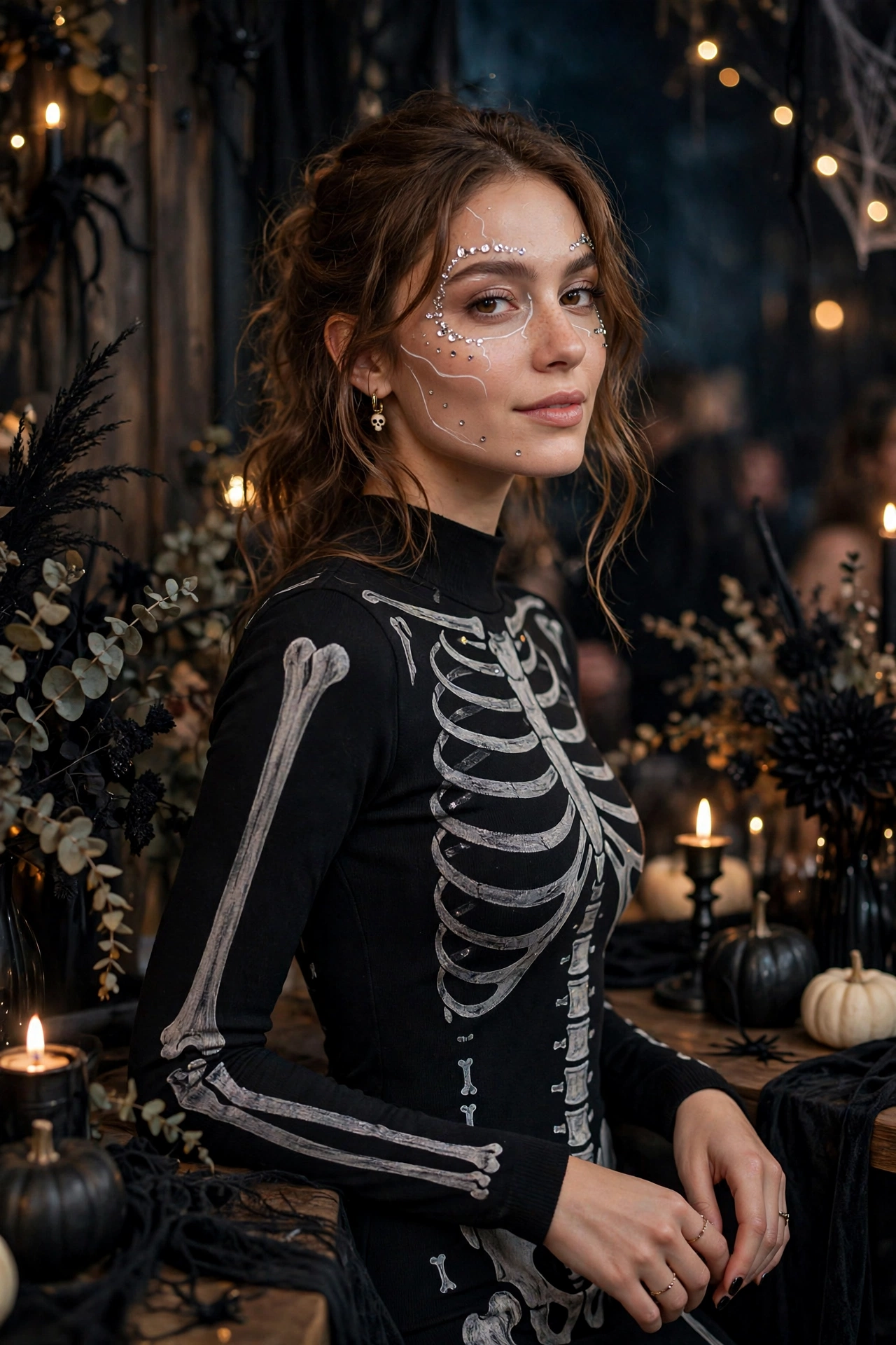 Chic skeleton halloween party outfit for women with skeleton makeup