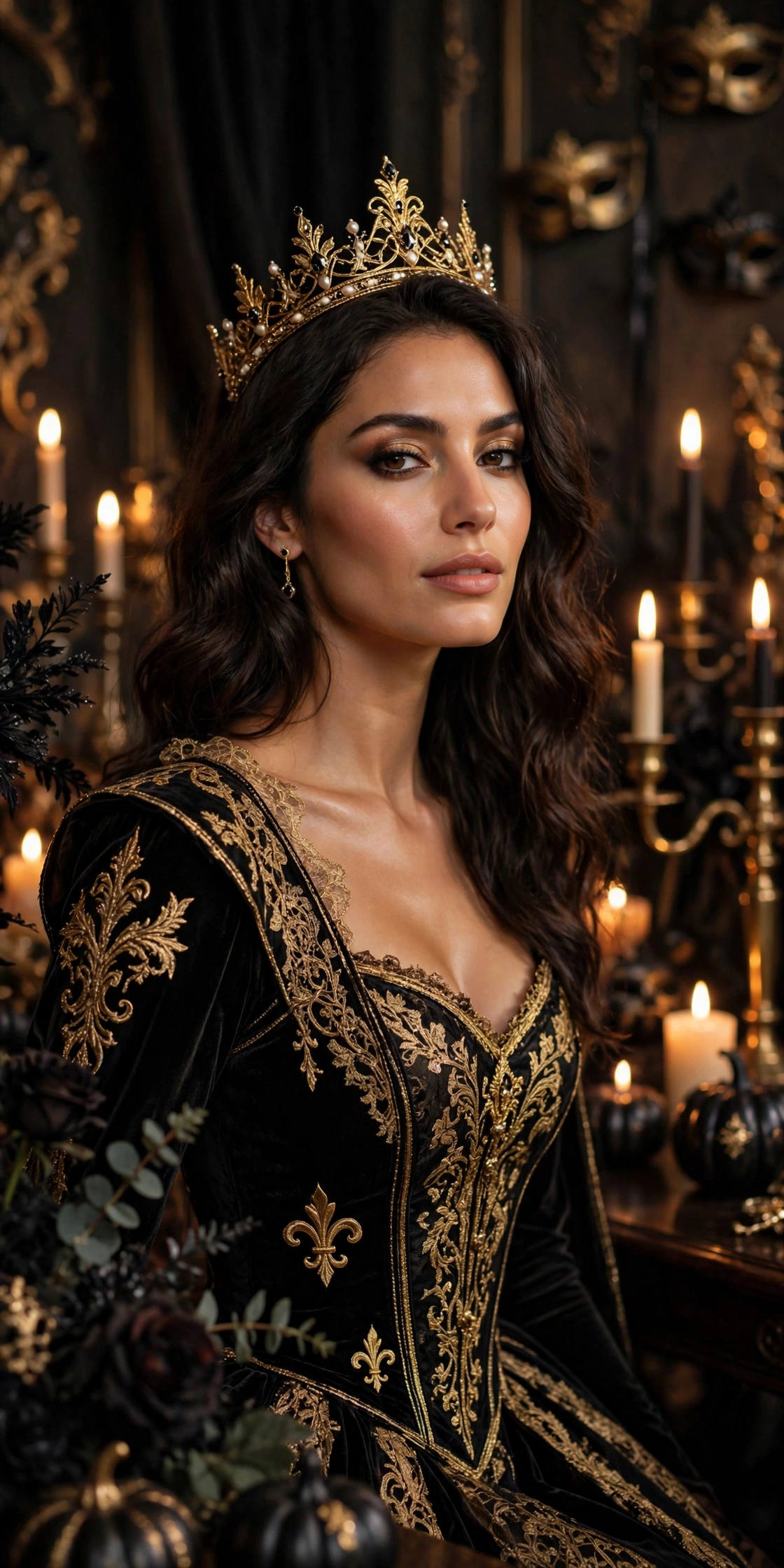 Dark queen halloween party outfit for women with gold crown and black gown