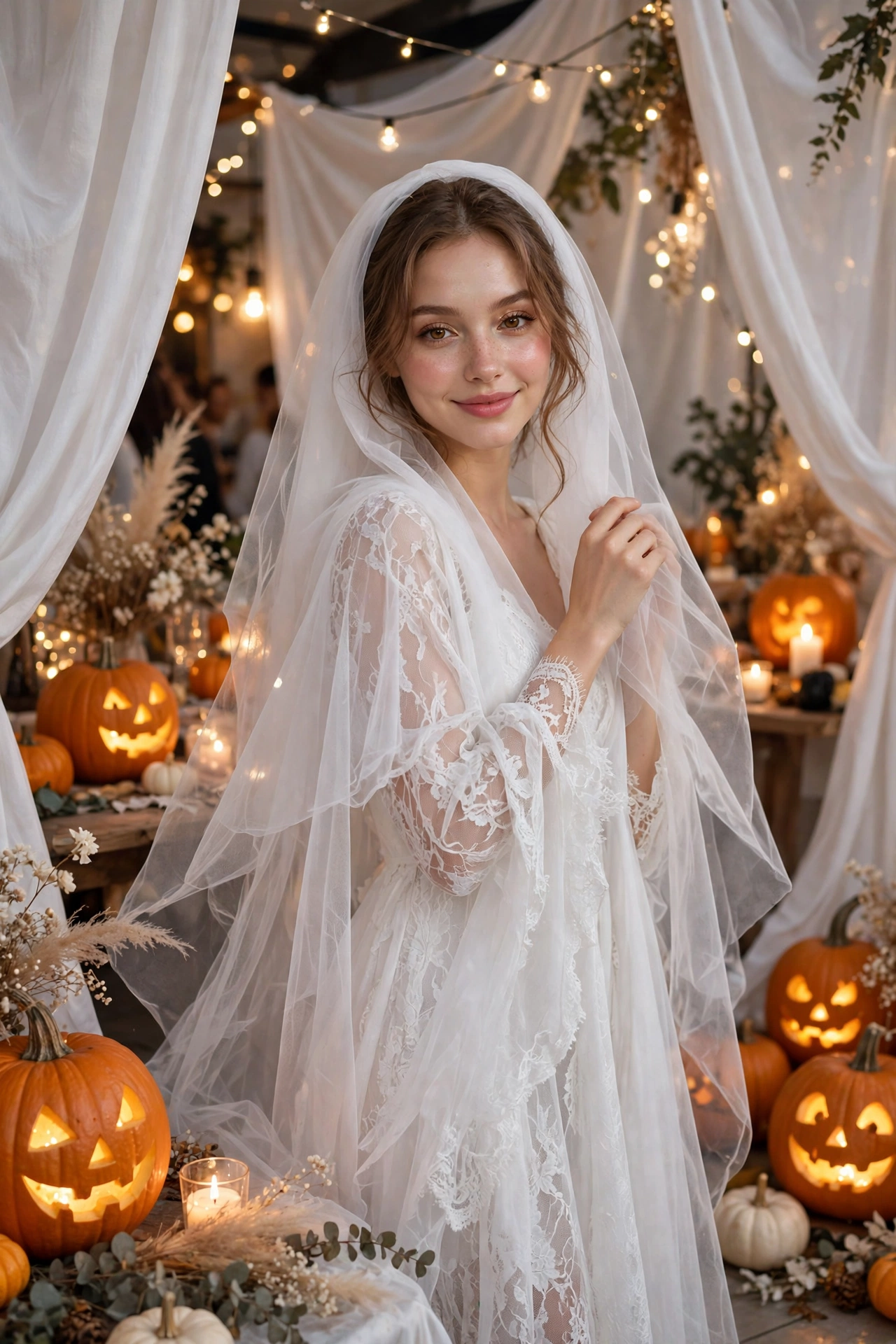 Pretty ghost halloween party outfit for women in white lace dress