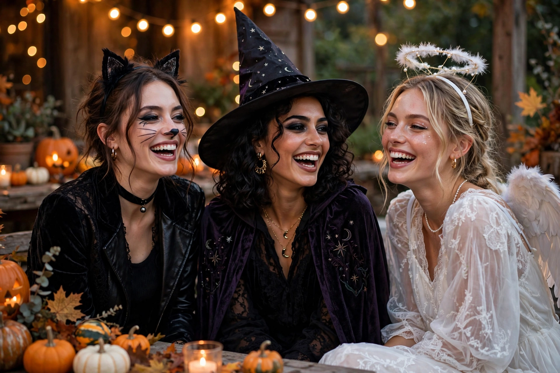 Group of women wearing cute halloween party outfits for women at a festive Halloween party