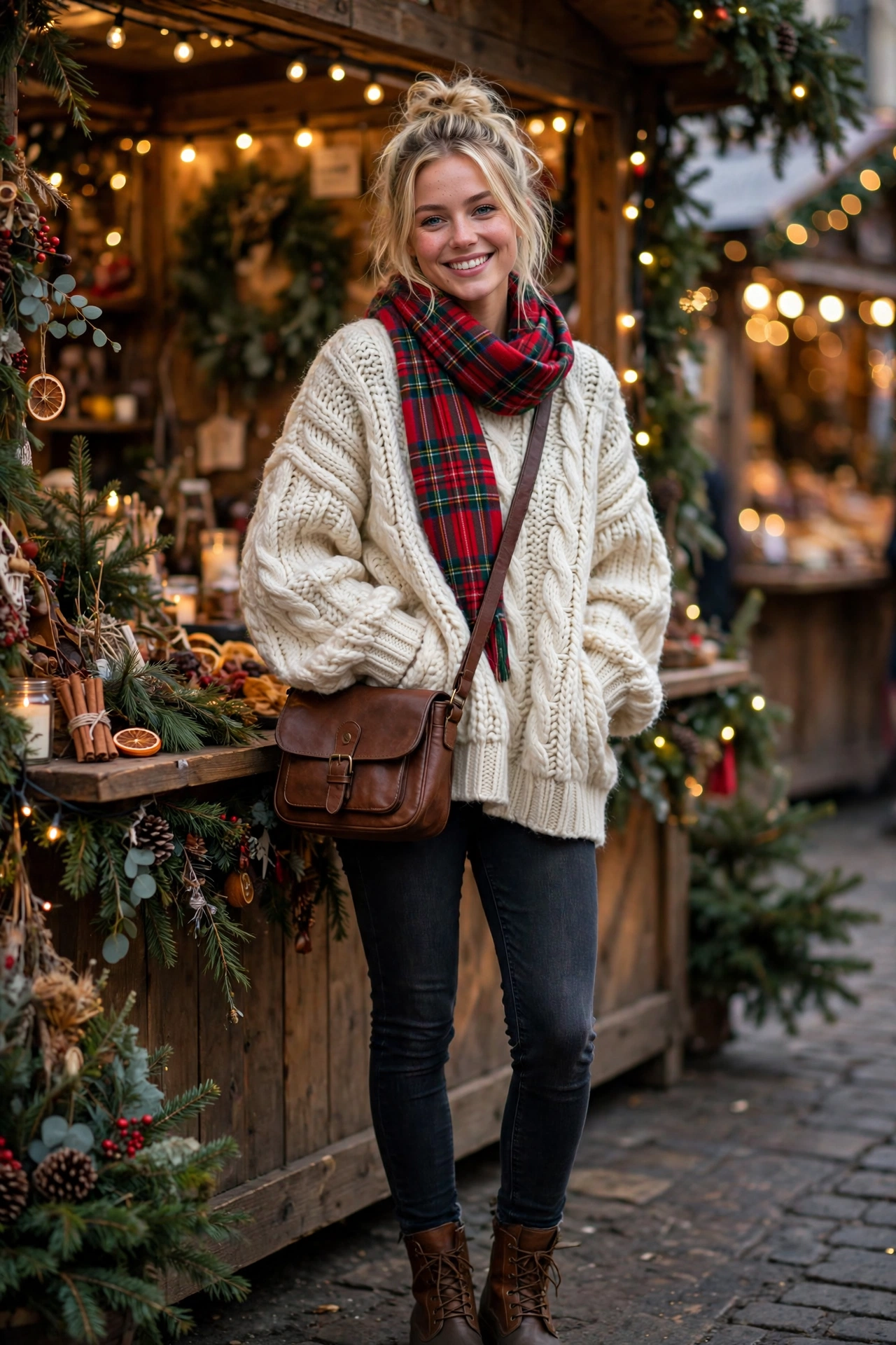 Woman wearing a red wool coat over black sweater and jeans with boots at a Christmas market