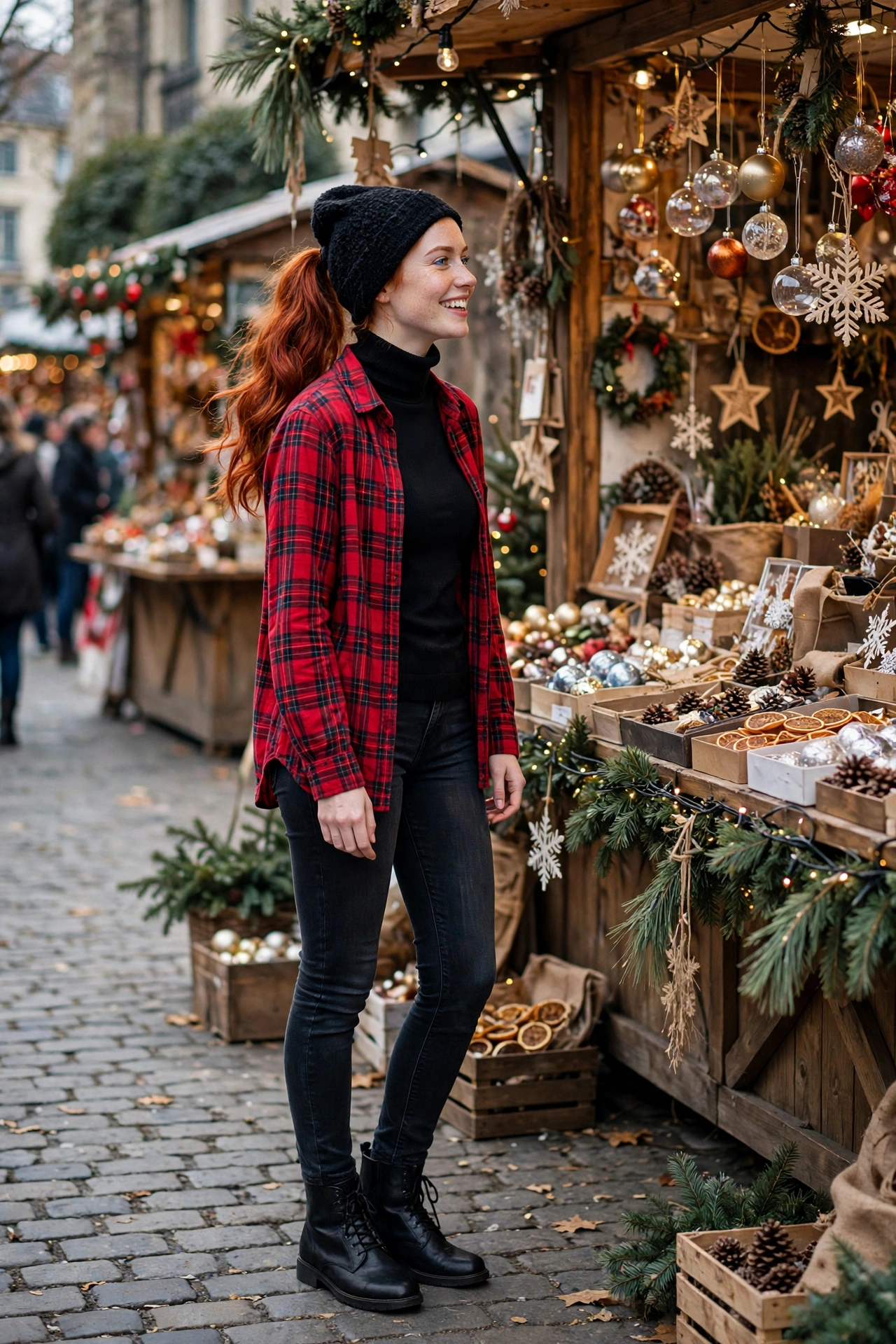 Woman wearing a large plaid scarf with a black puffer coat at an outdoor market