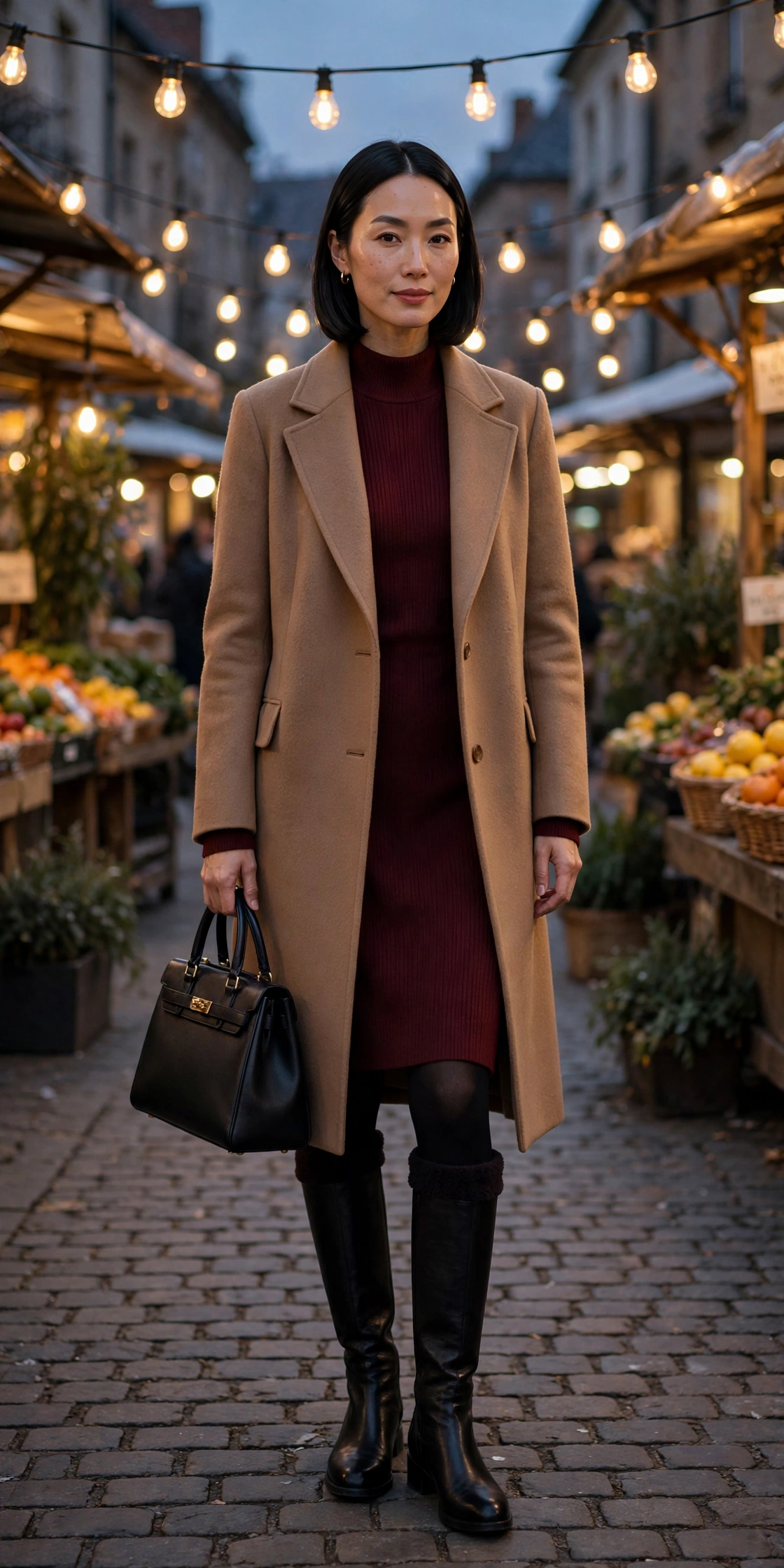 Woman wearing a cable-knit turtleneck with a red plaid skirt, tights and boots