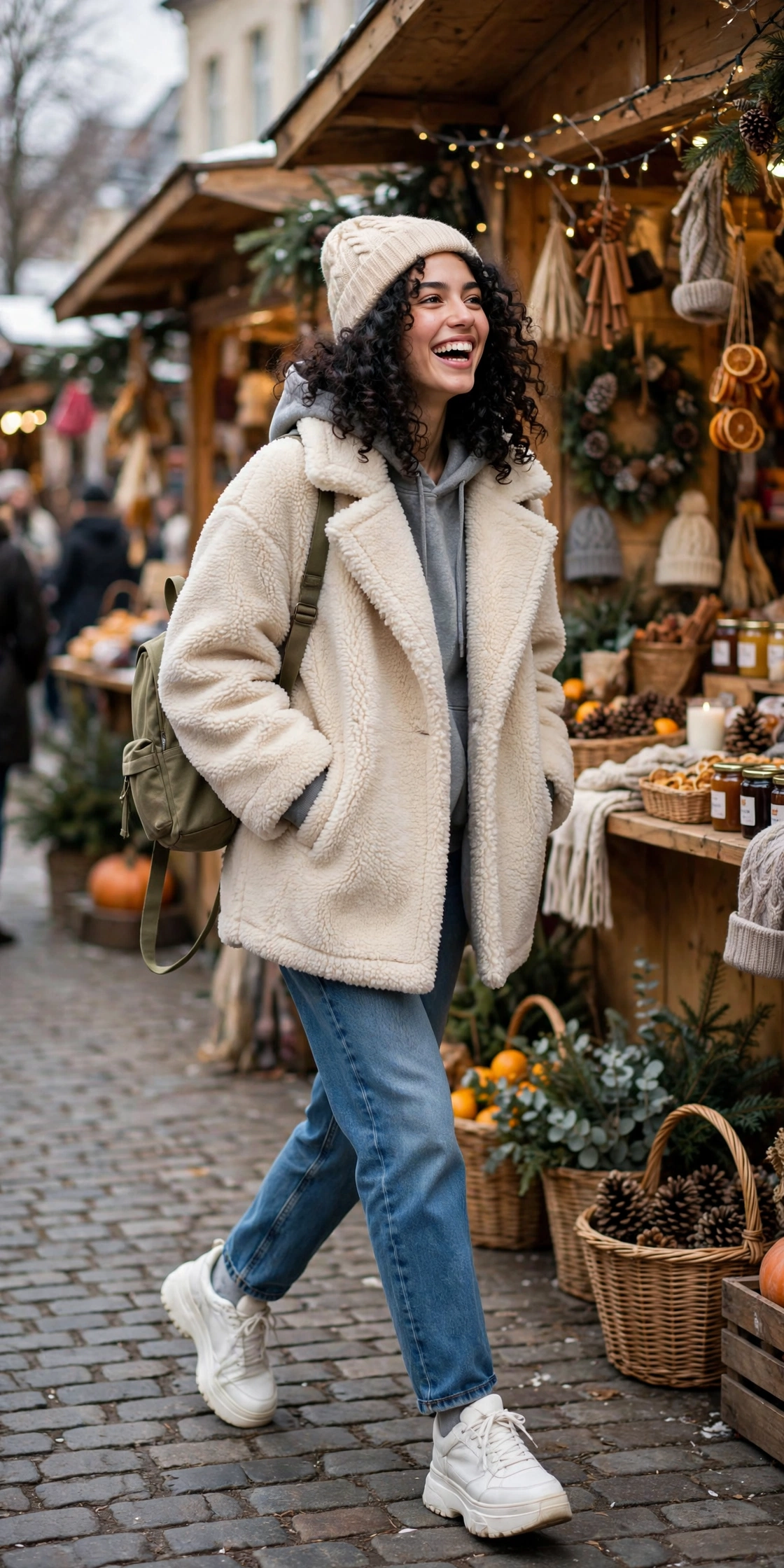 Woman in a cream faux fur coat with jeans and boots at a Christmas market