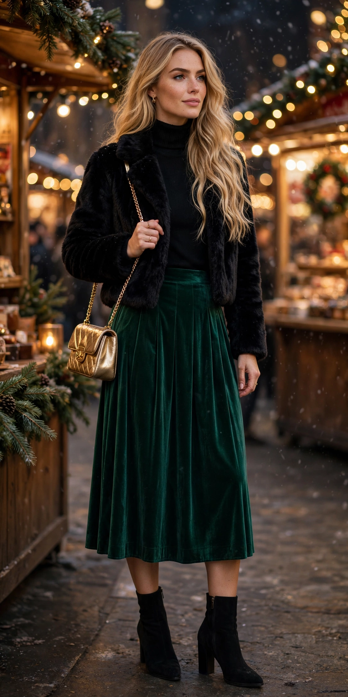 Woman wearing a turtleneck sweater dress with a large blanket scarf and knee-high boots