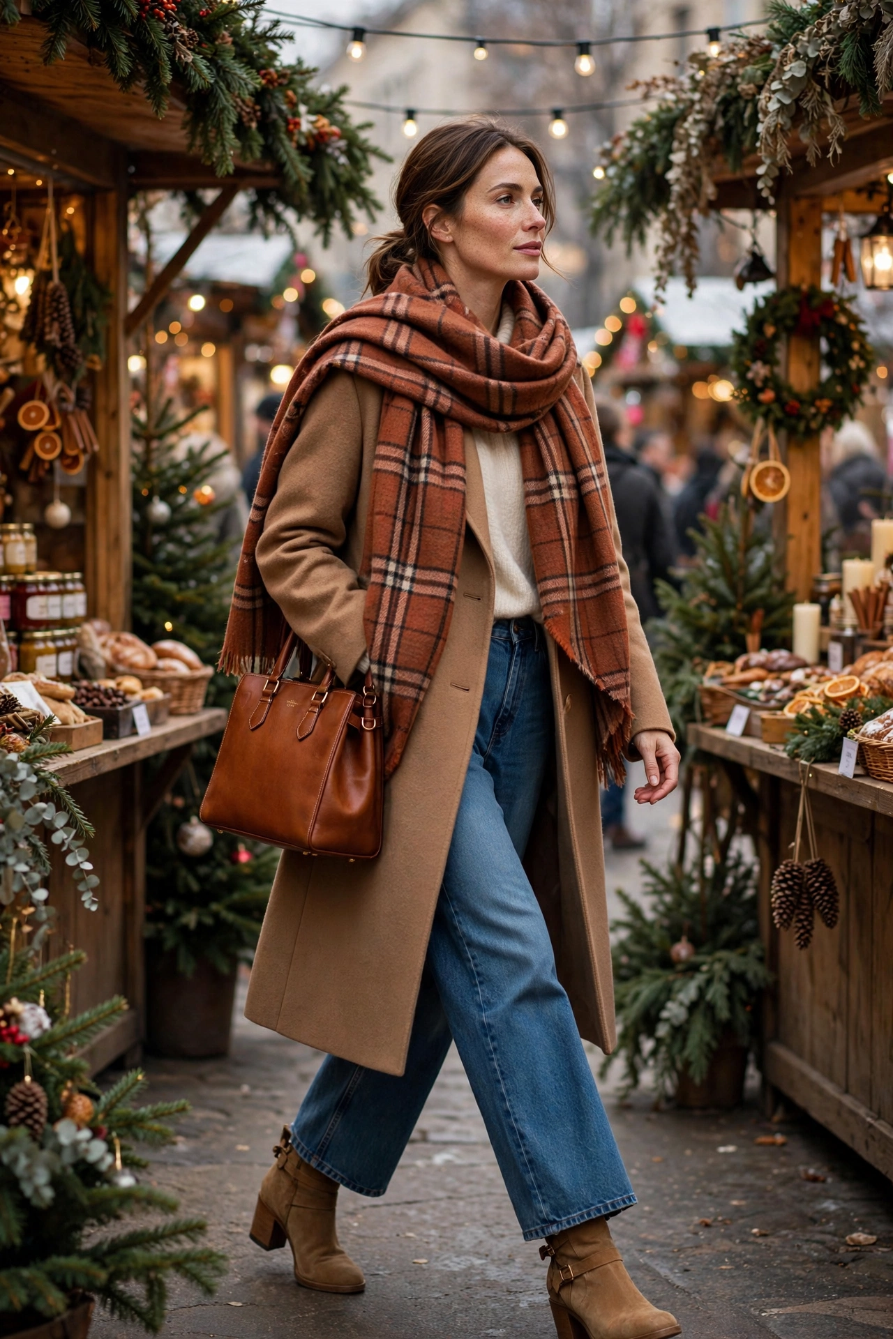 Woman in a forest green coat with red scarf and gloves at a holiday market