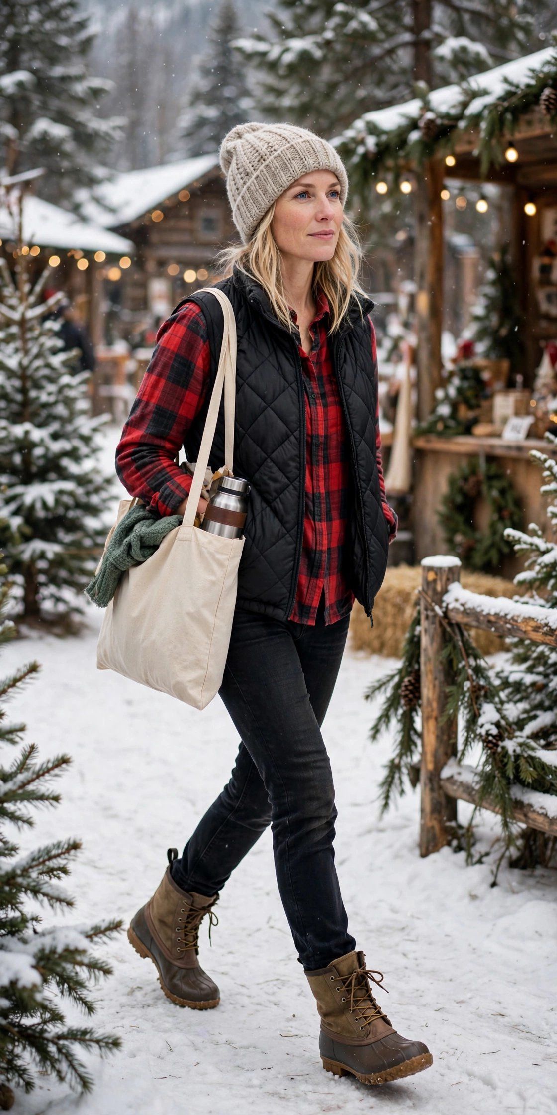 Woman in a houndstooth wool coat with black sweater and jeans with boots