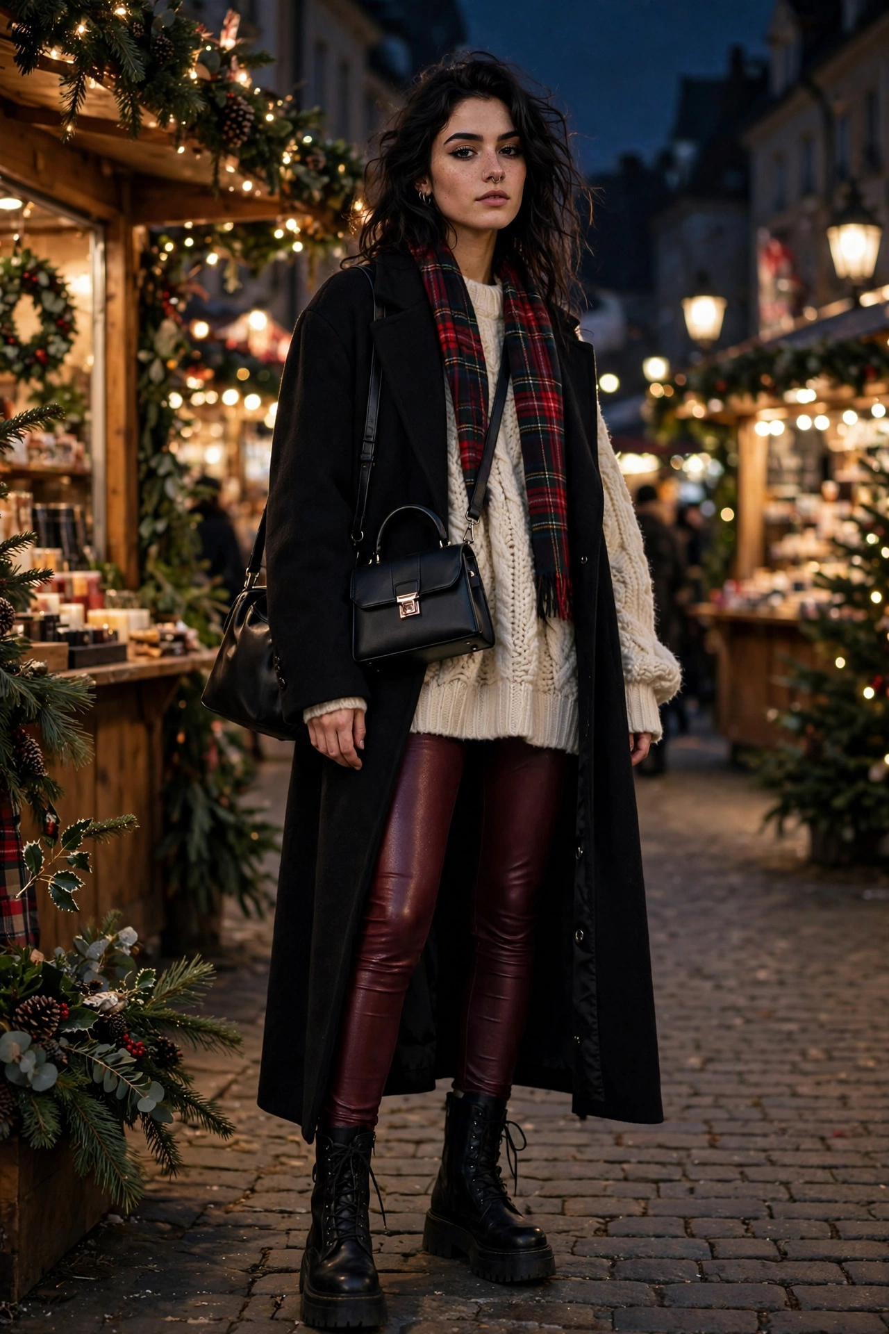 Woman wearing a burgundy sweater with plaid trousers and loafers