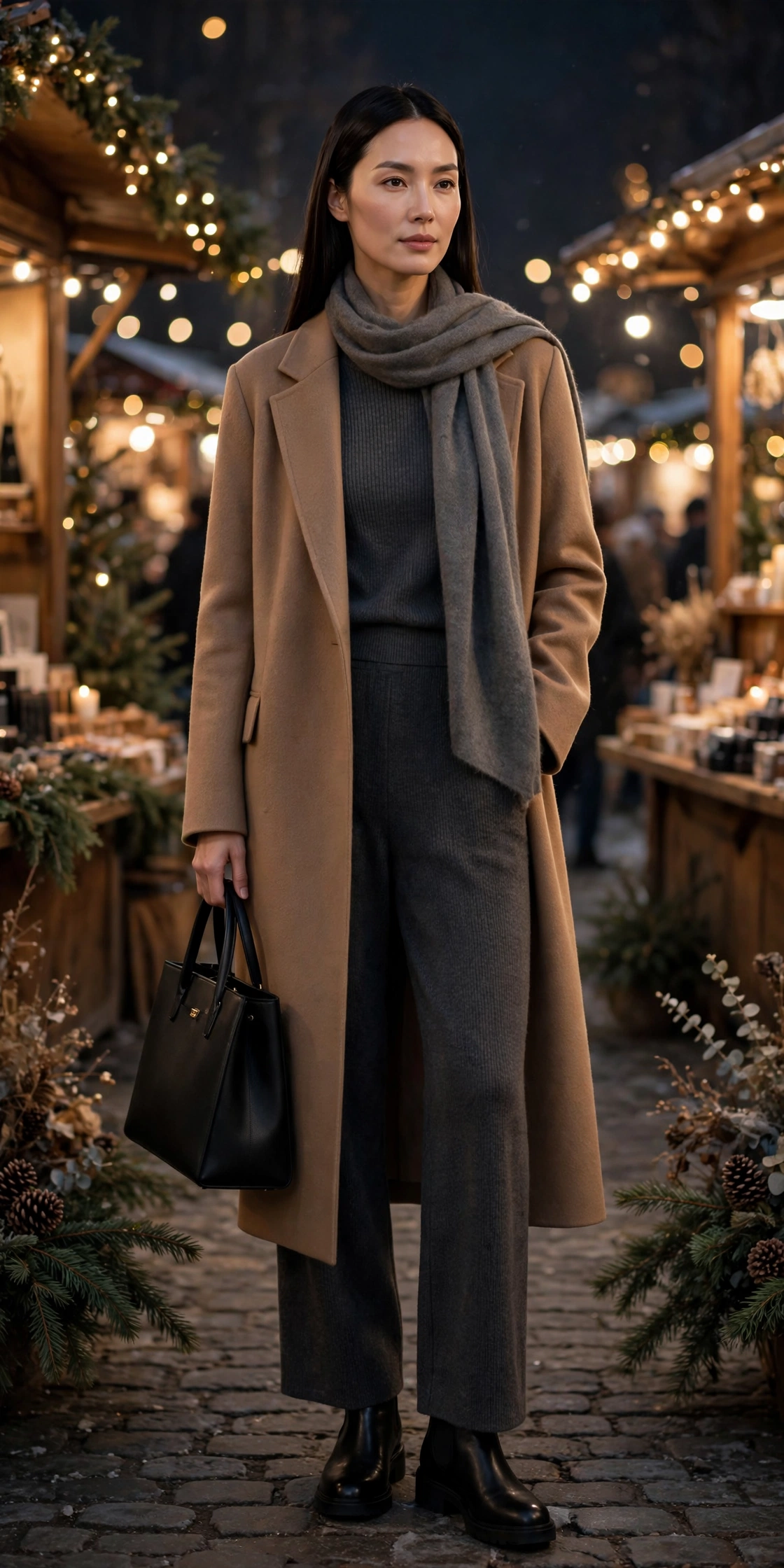 Woman in a camel coat over a reindeer-patterned festive sweater with jeans