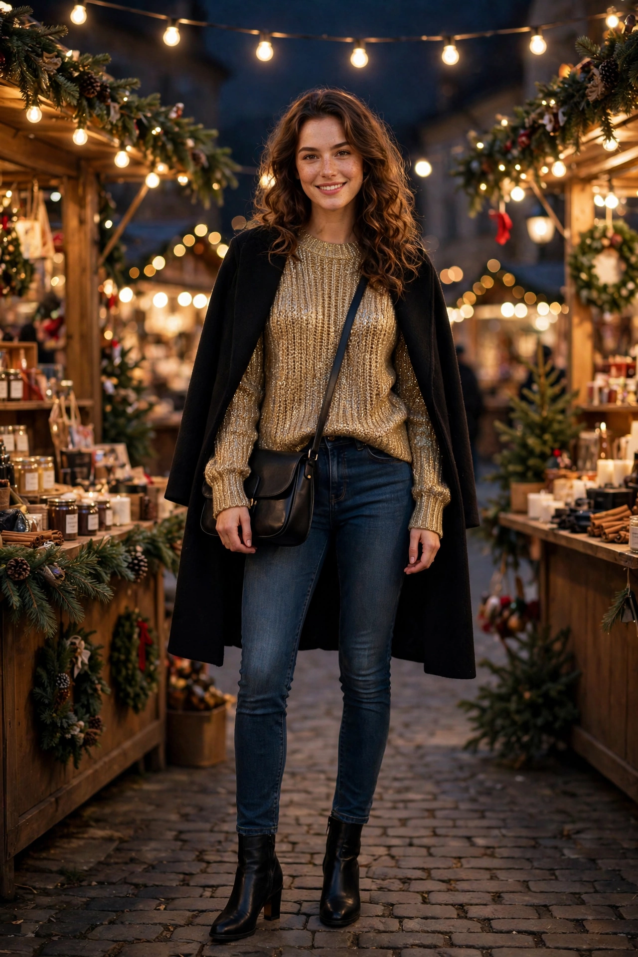 Woman wearing an oversized cardigan with black leggings and slip-on sneakers