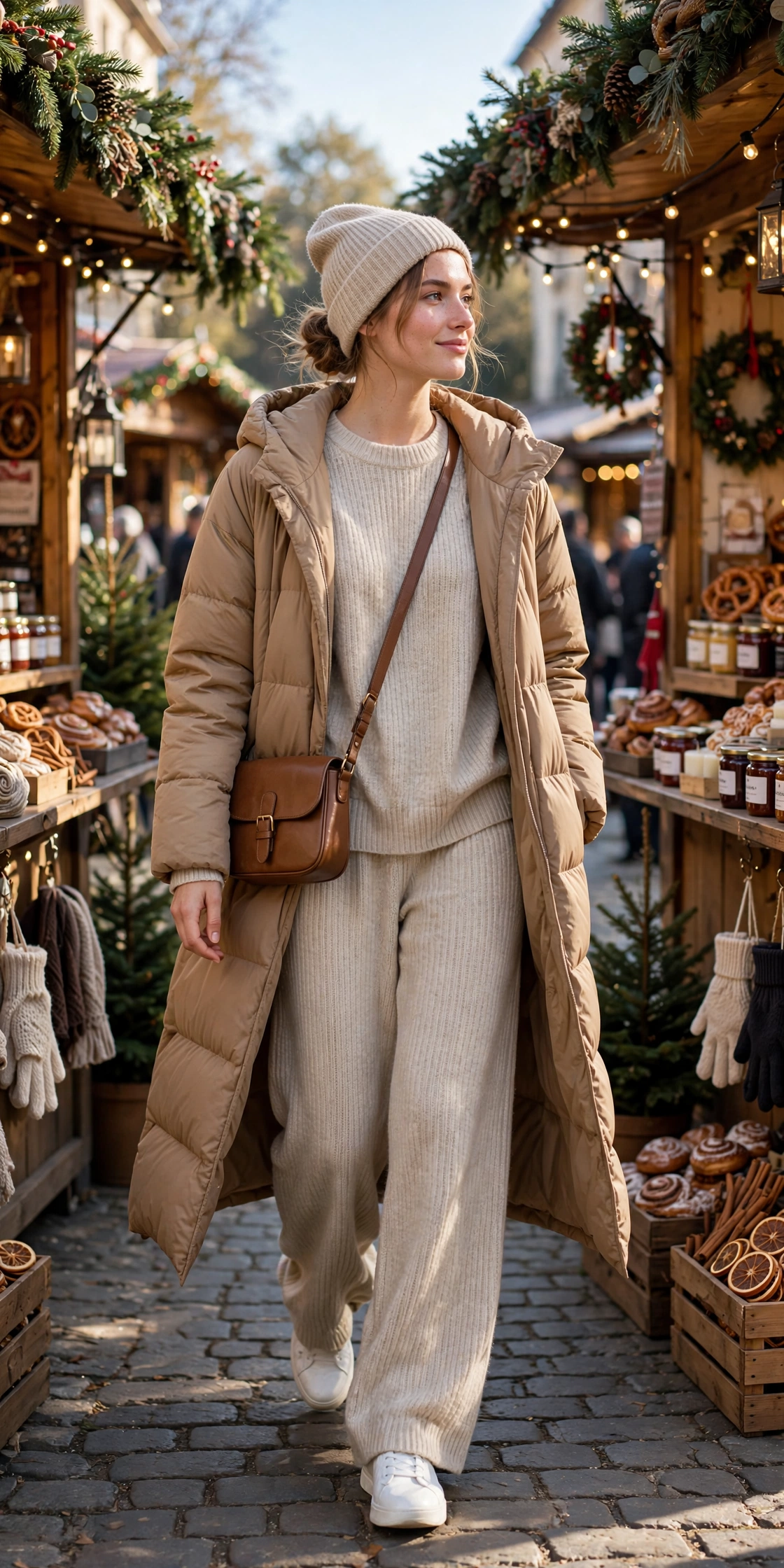 Woman in an all-red monochrome outfit with a red coat, sweater and boots at a Christmas market
