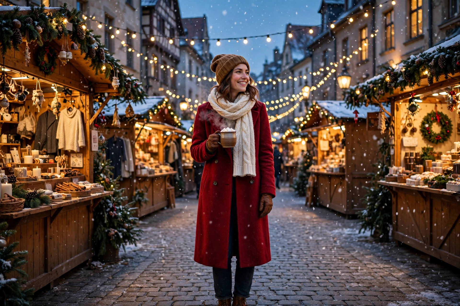 Woman in a festive holiday market outfit with a red coat at a Christmas market
