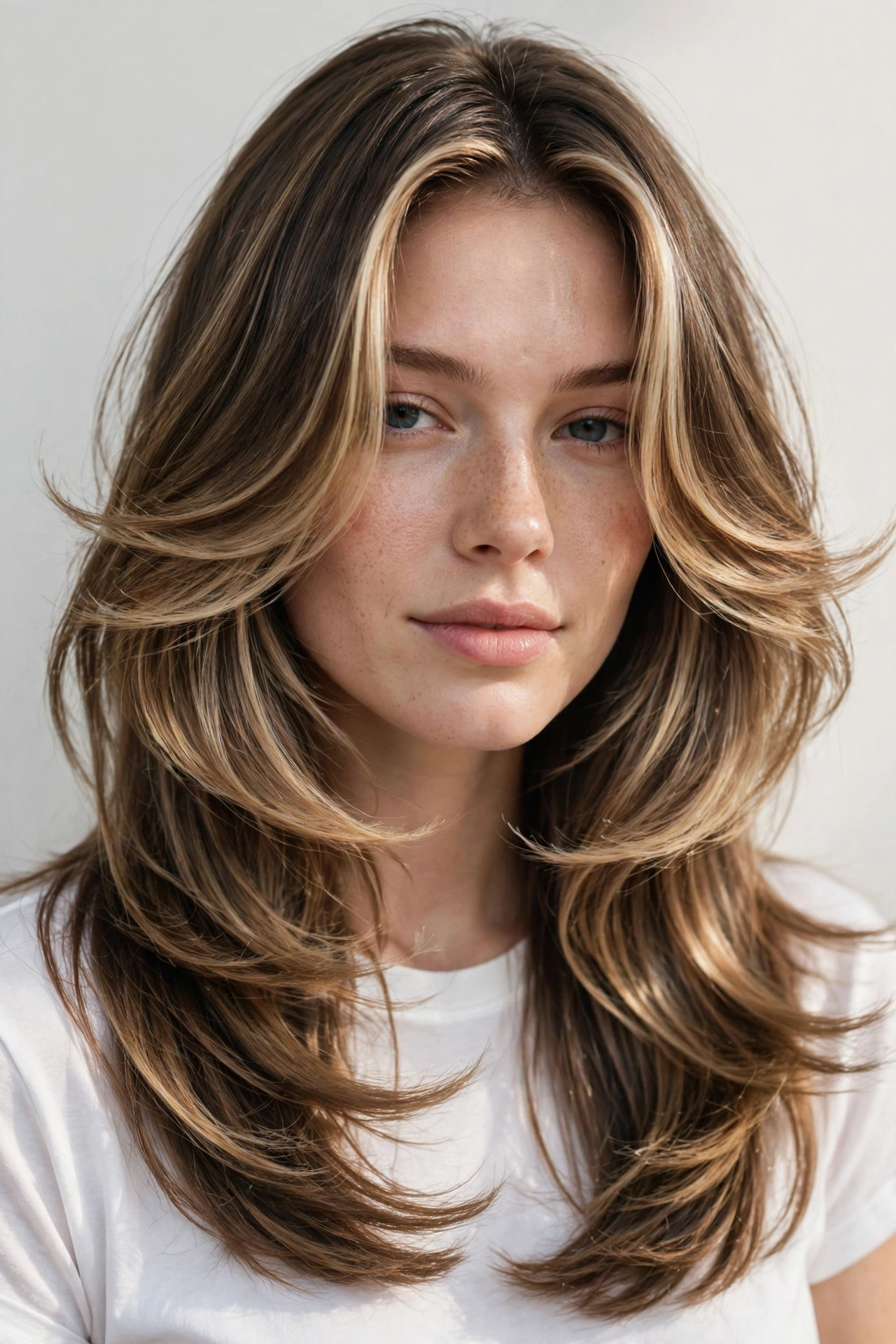 Woman with face-framing butterfly layers, a top layered haircut idea for medium hair