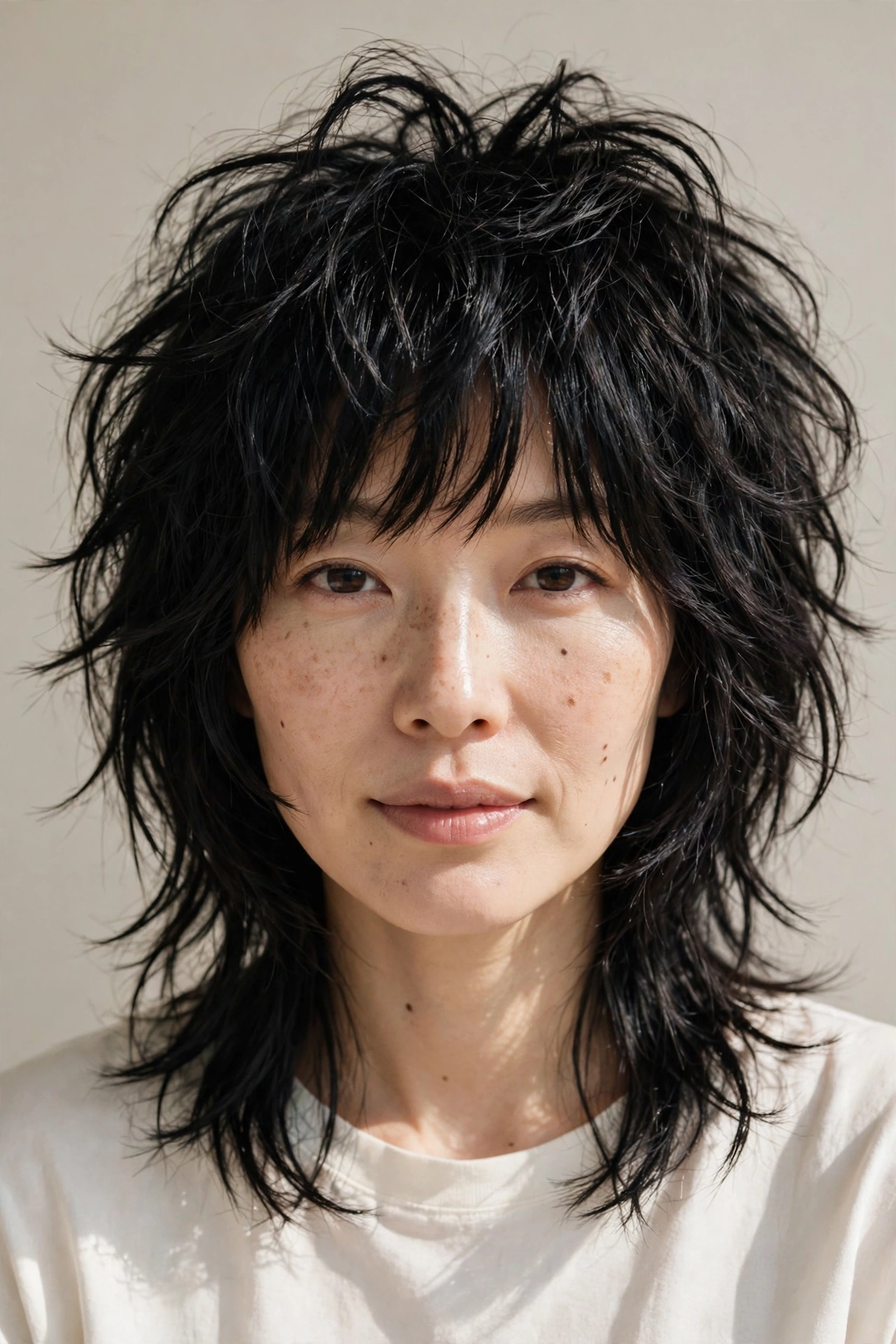 Woman with shaggy wolf-cut layers, an edgy layered haircut idea for medium hair