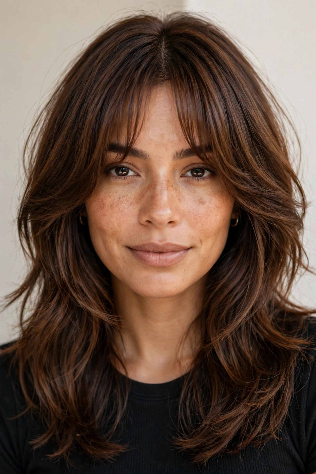 Woman with curtain-bang layers blending into long layers, a flattering layered haircut idea