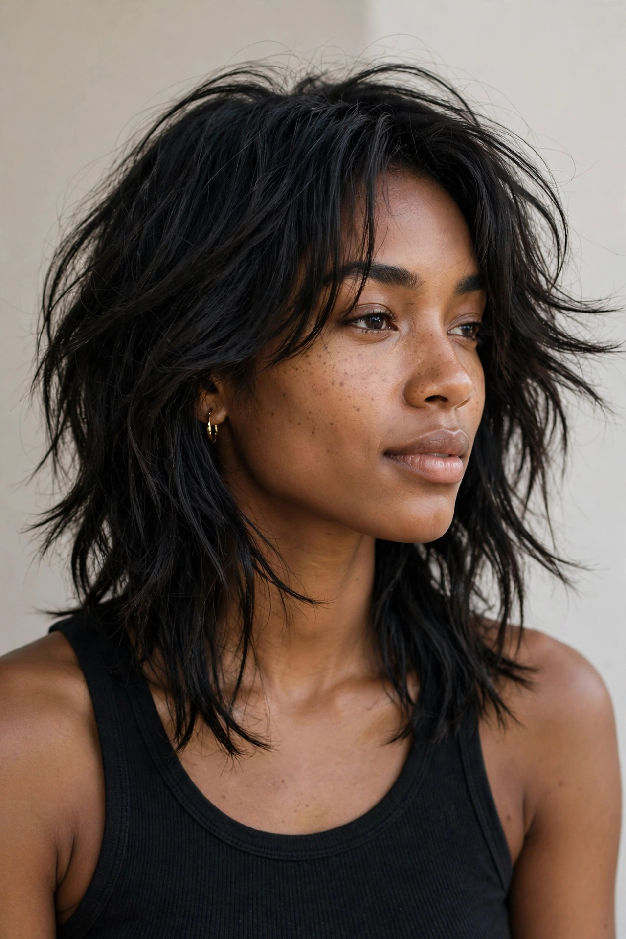 Woman with long choppy layers, a textured layered haircut idea for medium hair