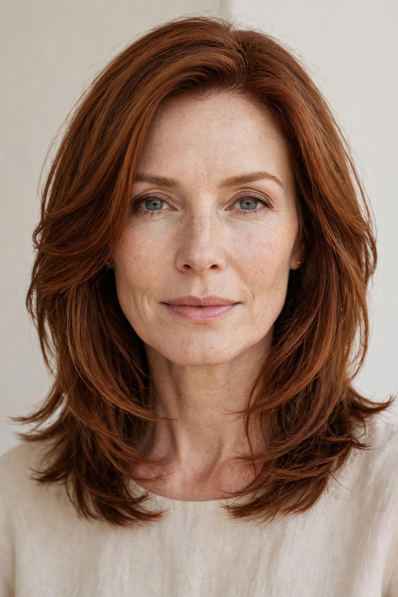 Woman with feathered collarbone layers, an elegant layered haircut idea for medium hair