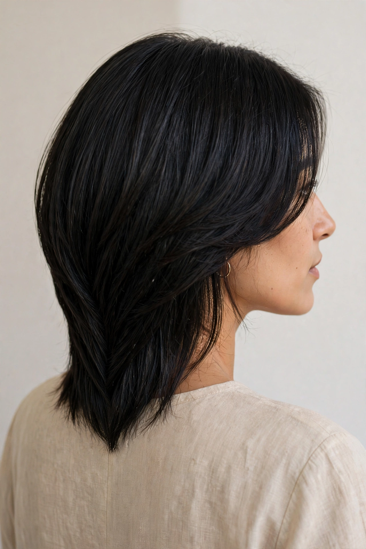 Woman with V-cut layers tapering to a soft point, a dramatic layered haircut idea