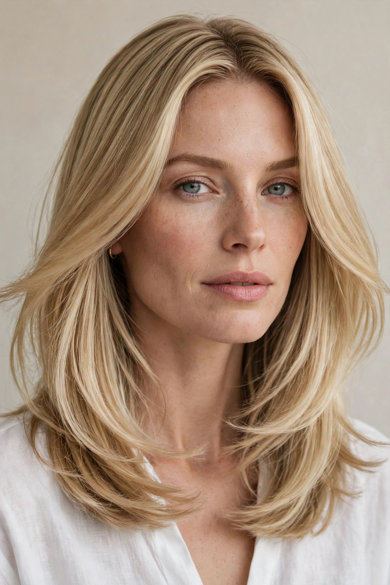 Woman with invisible internal layers in sleek medium hair, a subtle layered haircut idea