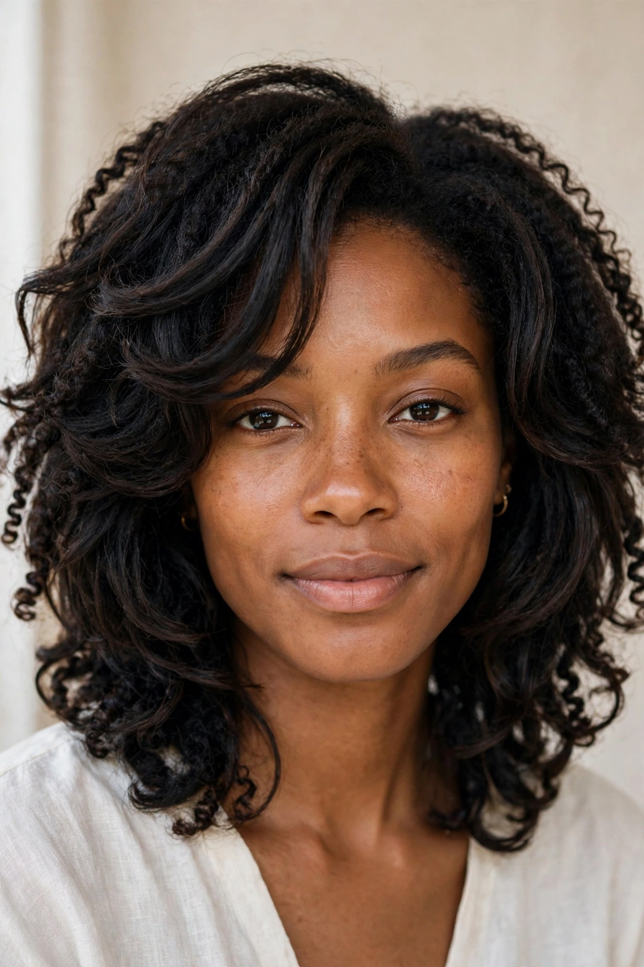 Woman with textured lob layers on natural coily hair, a chic layered haircut idea