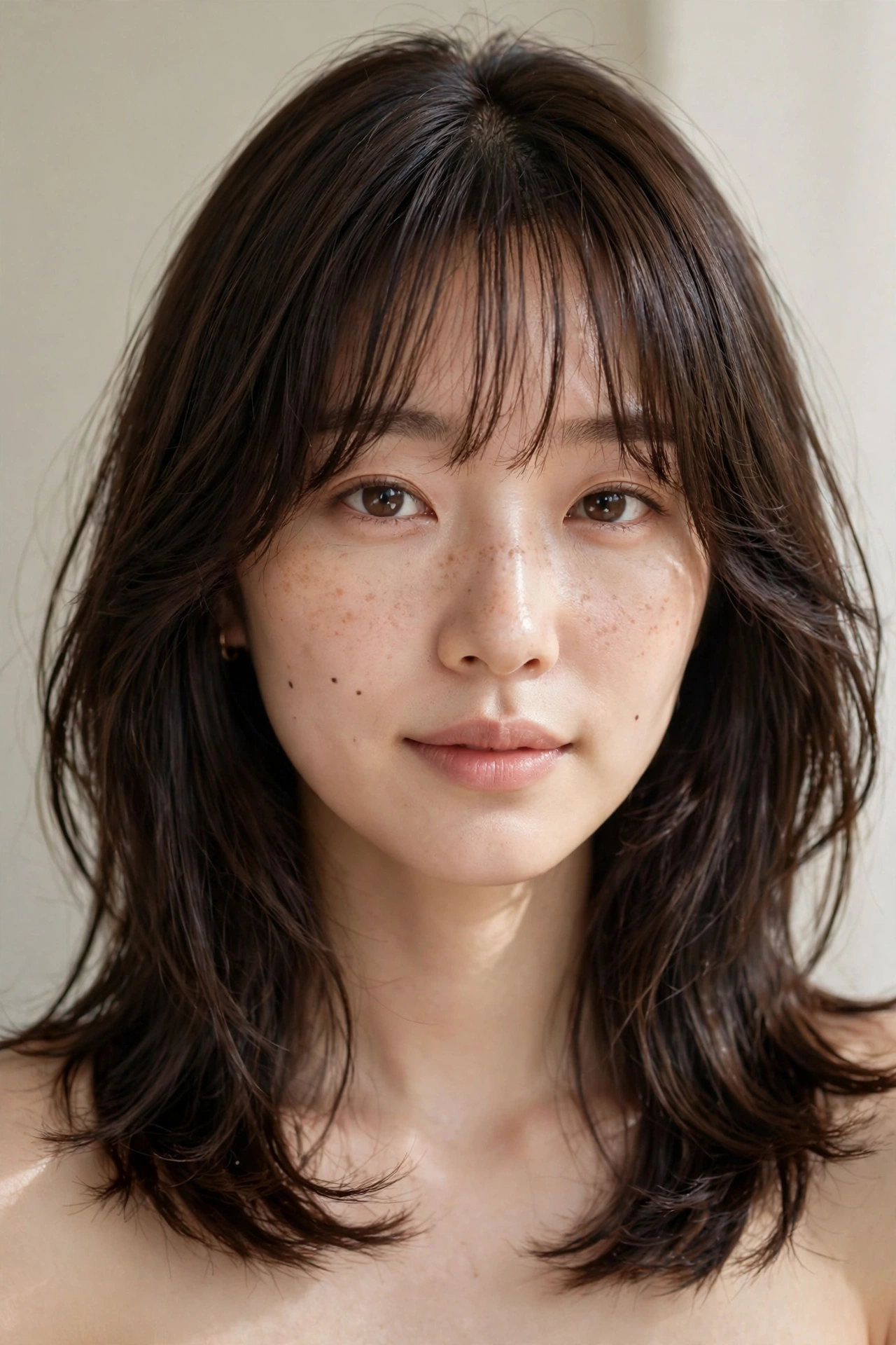 Woman with wispy fringe bangs and long layers, a romantic layered haircut idea