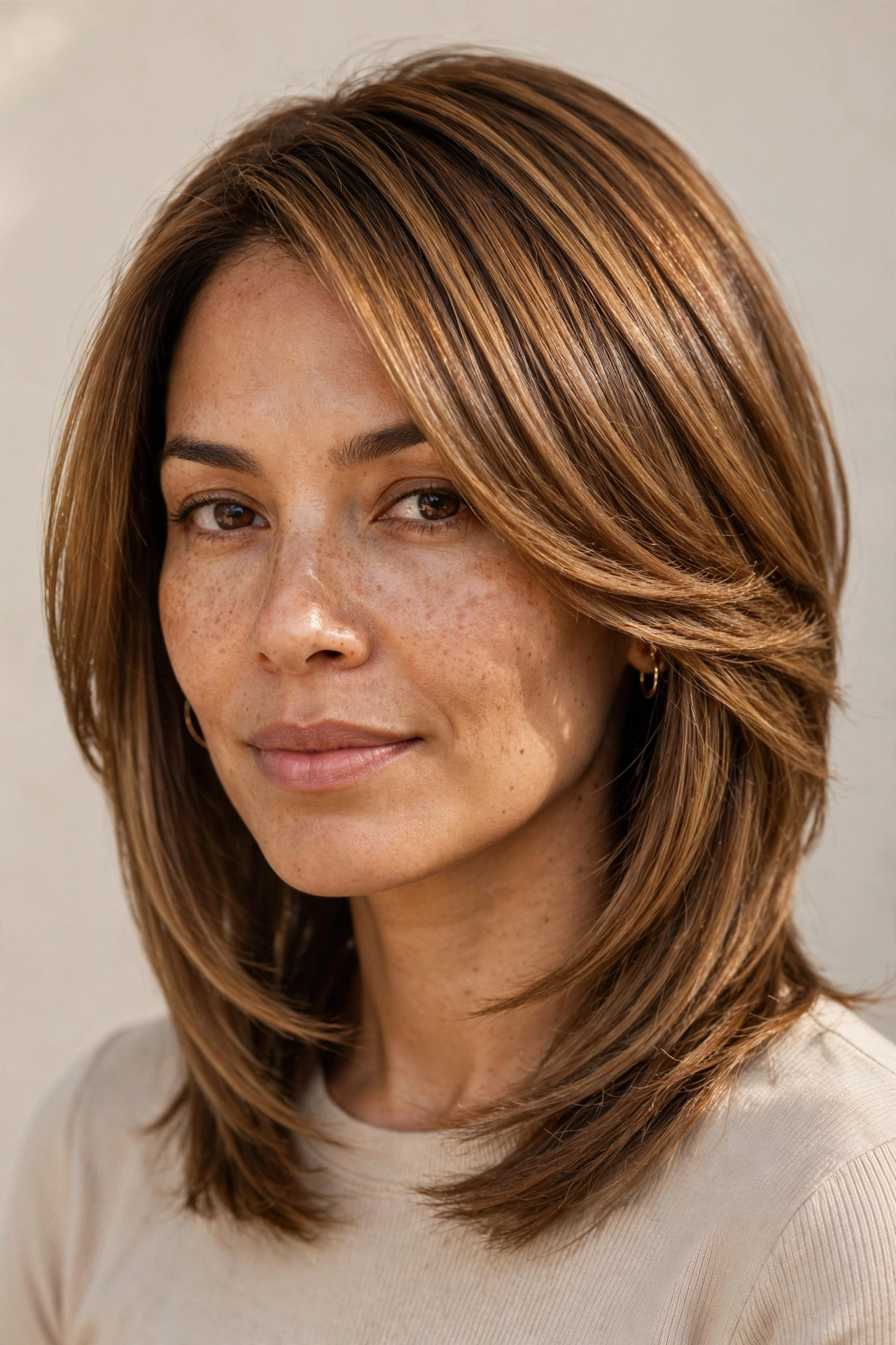 Woman with angled face-slimming layers, a sculpting layered haircut idea for medium hair