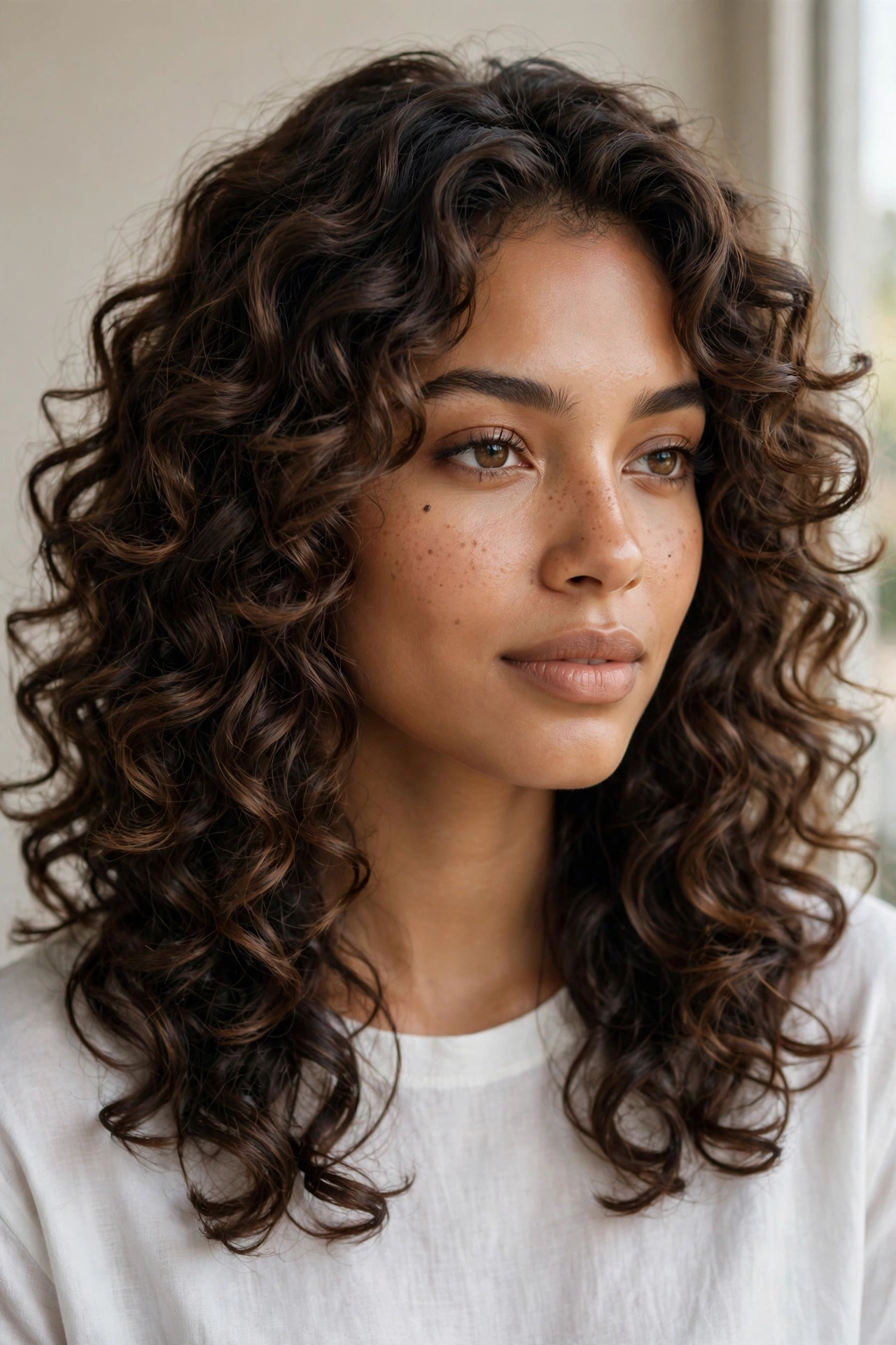 Woman with layered curly ringlets, a bouncy layered haircut idea for curly medium hair