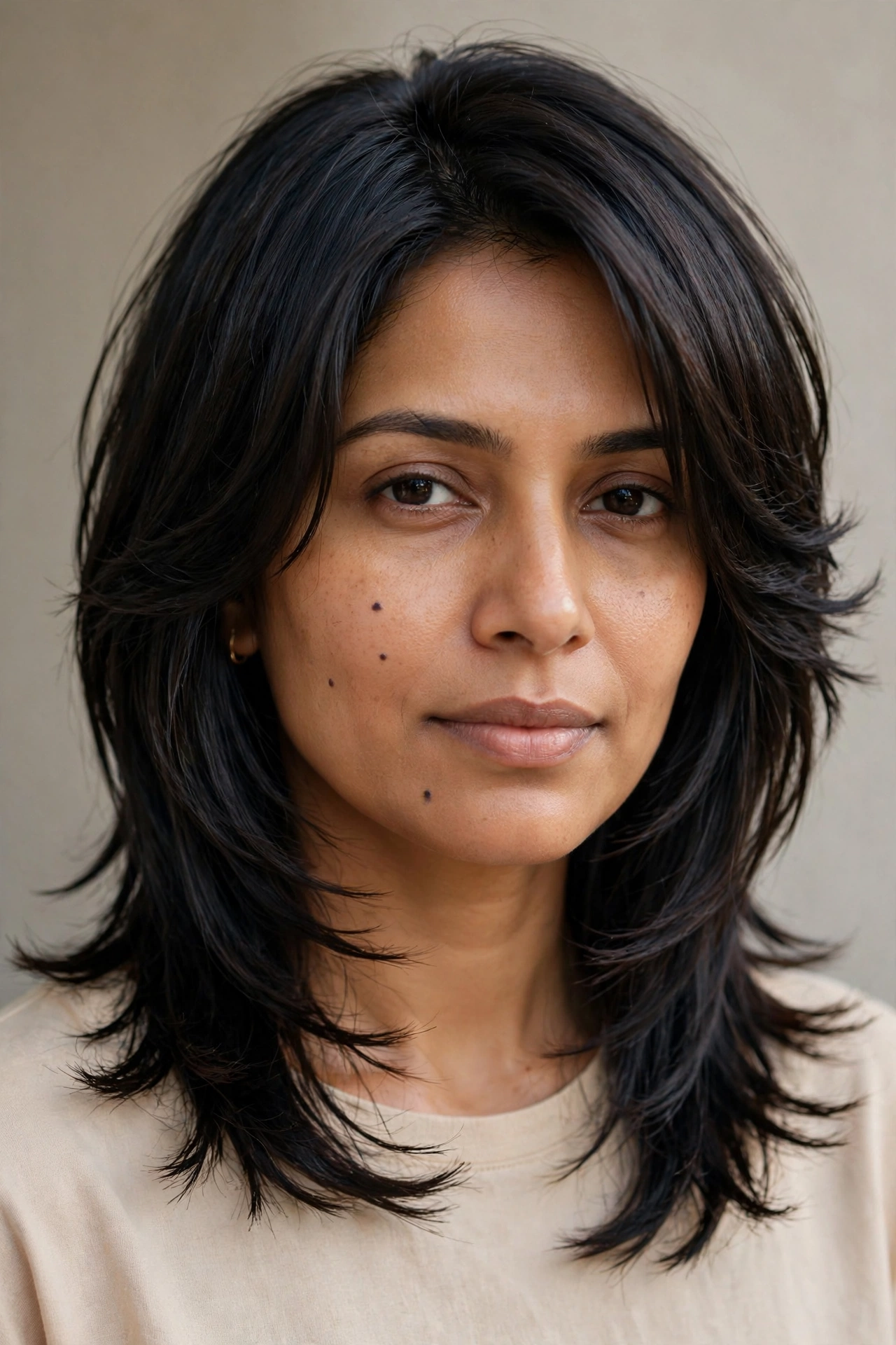 Woman with razor-cut layers and feathered ends, an edgy layered haircut idea