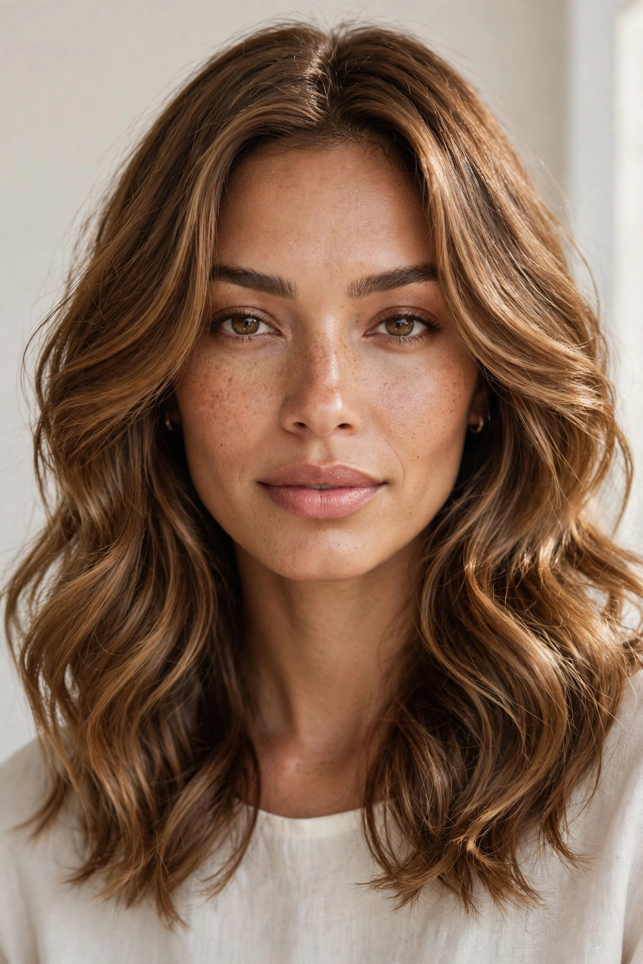 Woman with soft wavy layers, a romantic layered haircut idea for medium hair