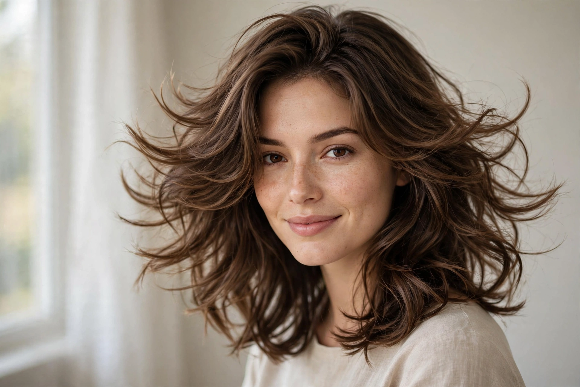 Woman with bouncy layered haircut for medium hair showing gorgeous movement