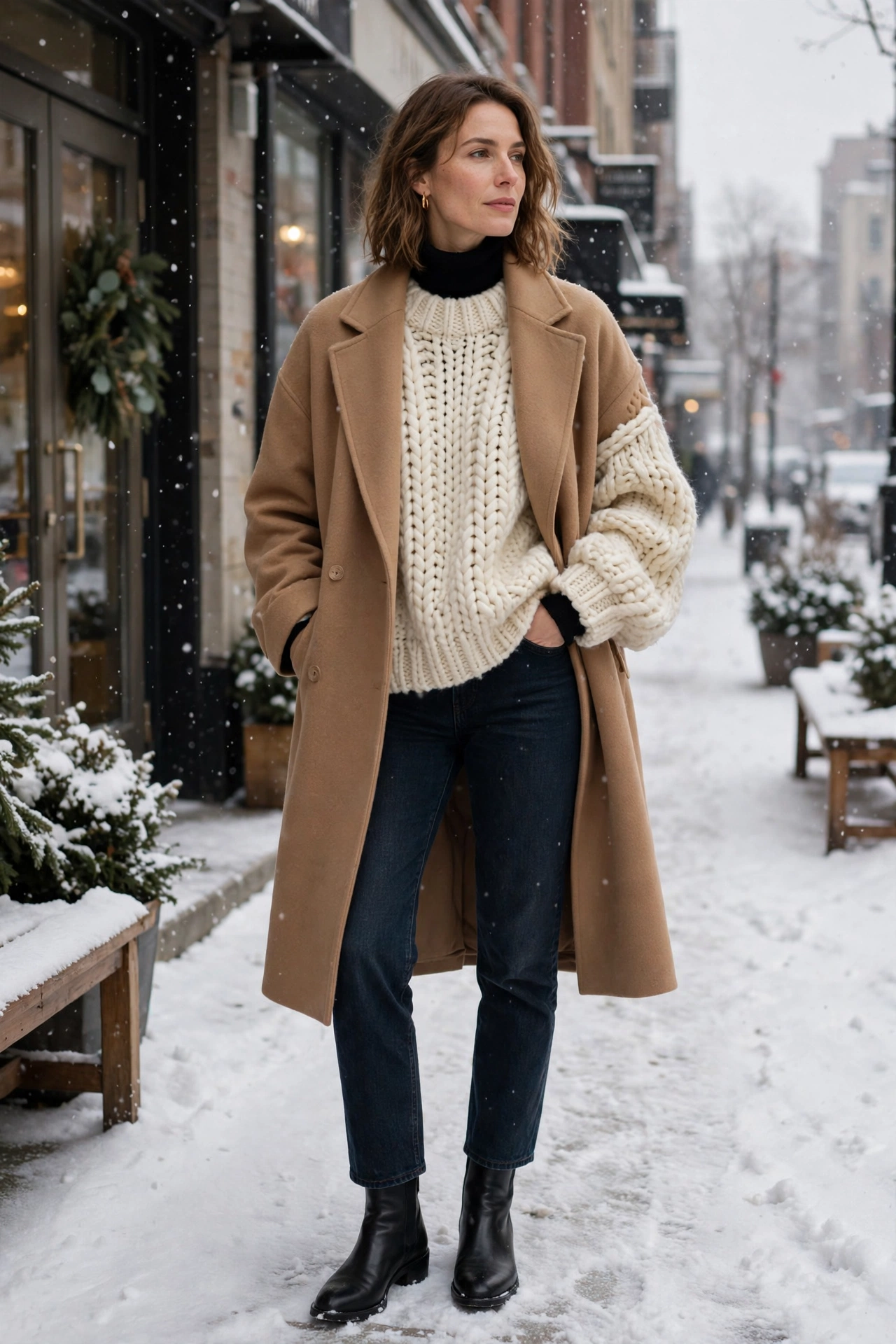 Woman layering a silk cami under a turtleneck with a tailored blazer and trousers