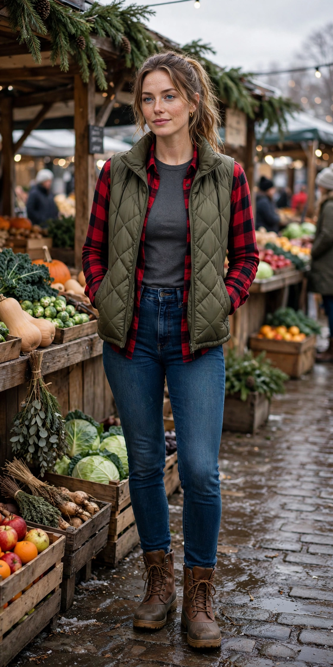 Woman wearing thermal top under flannel shirt with a quilted puffer vest and jeans outdoors