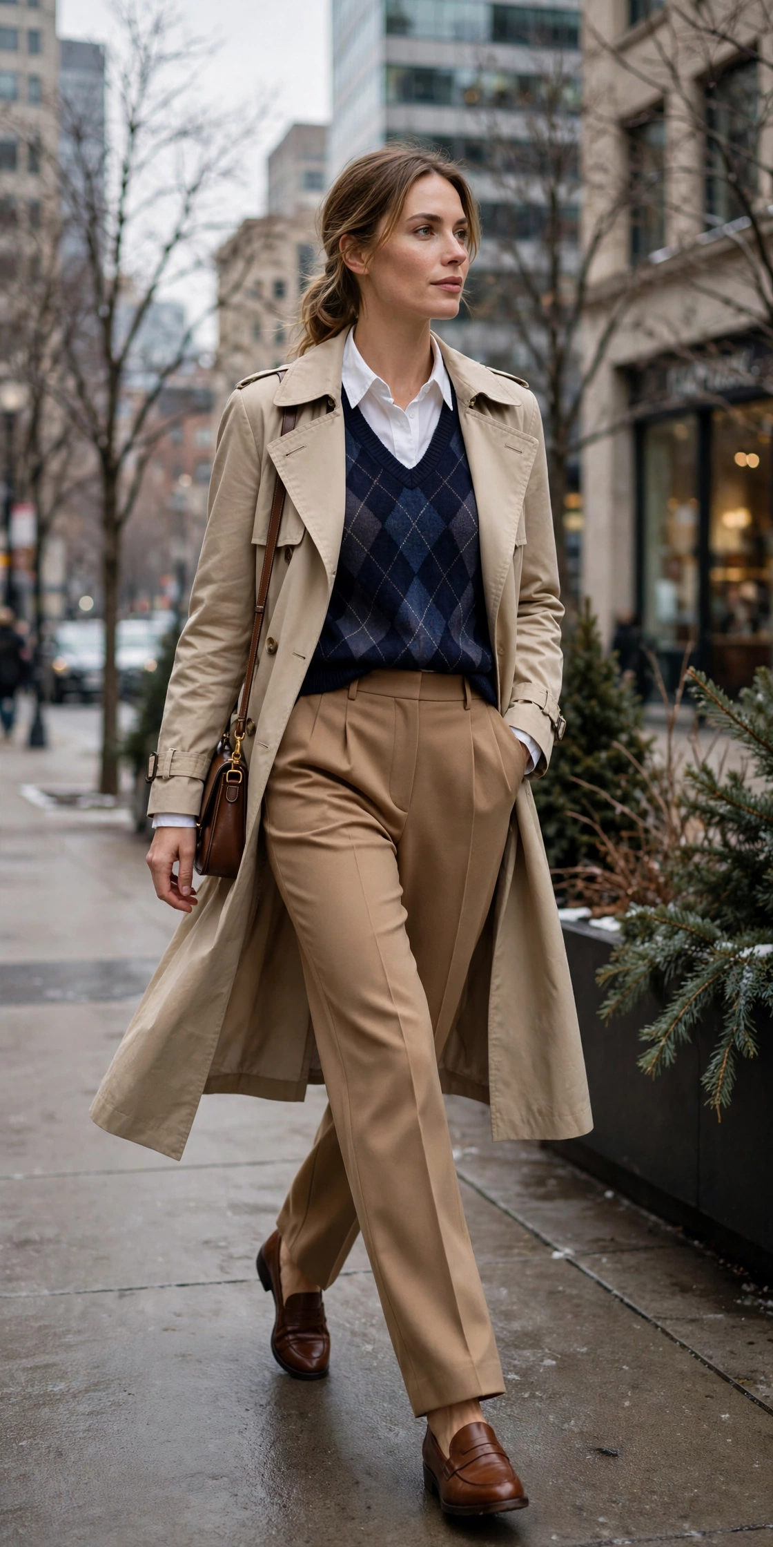 Woman layering a henley under an open cardigan with a camel wool overcoat and scarf