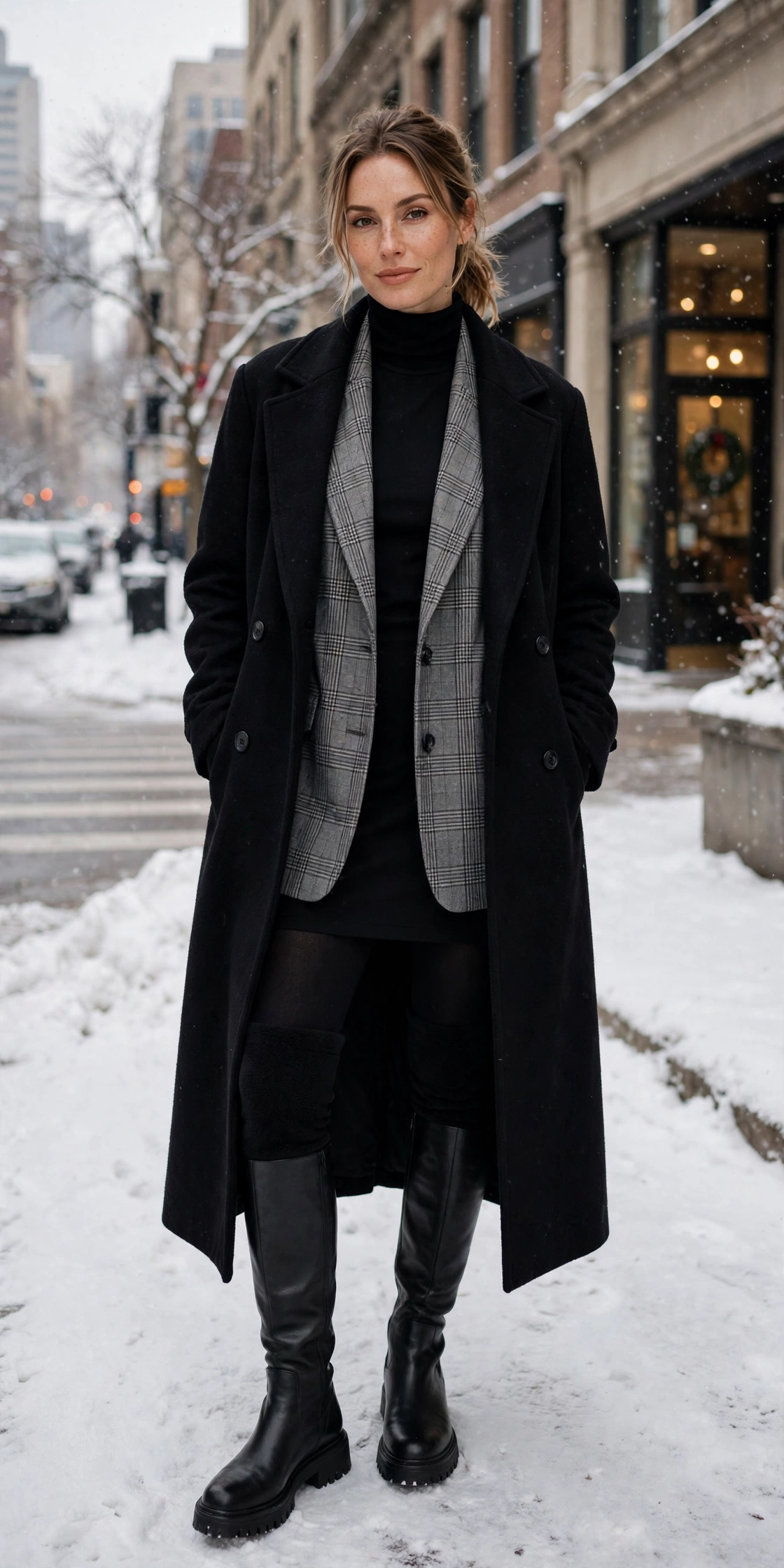 Woman wearing a mock neck top under a satin slip dress with a faux fur coat and heels