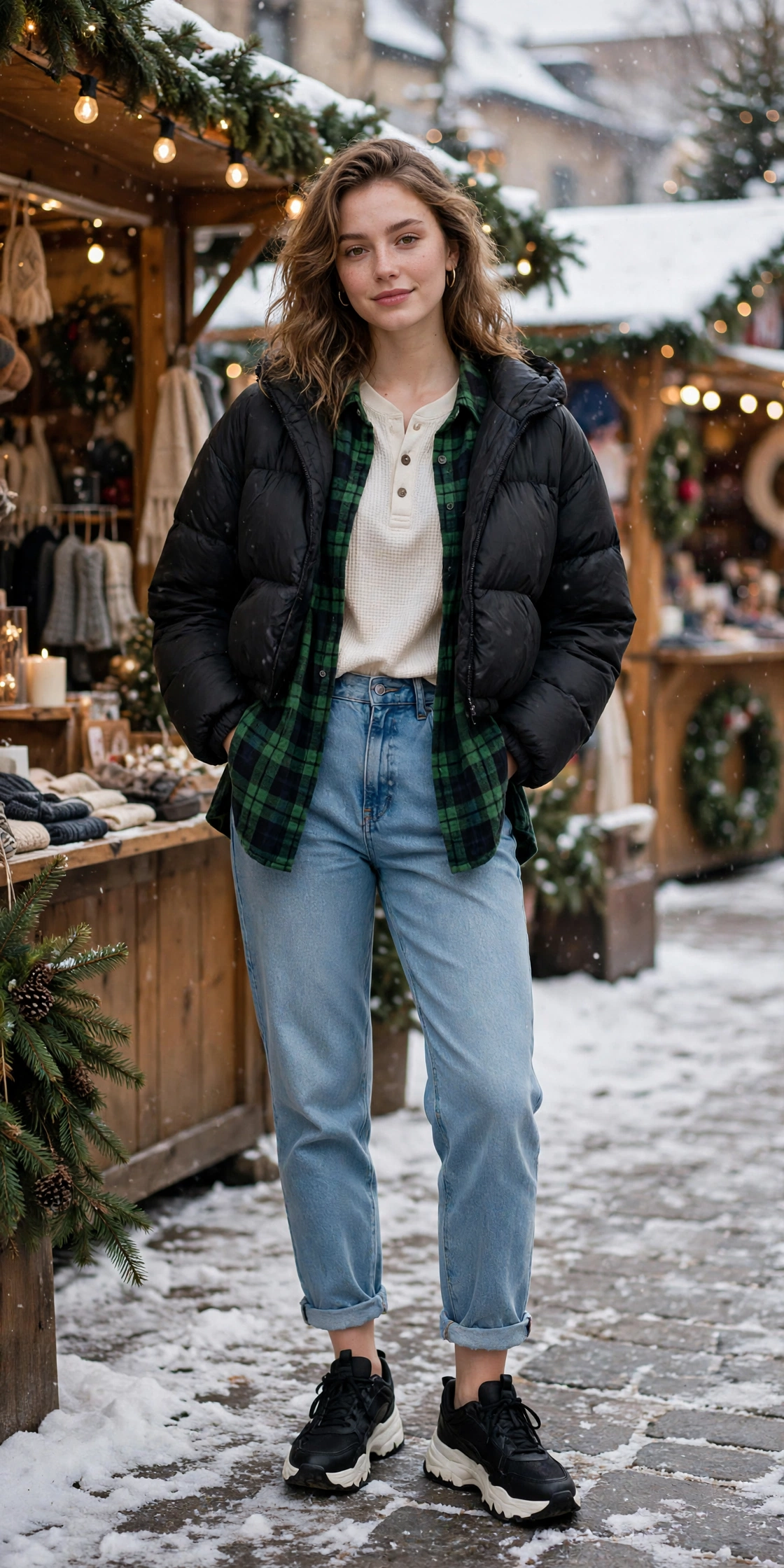 Woman in a thermal base layer with a hoodie and a hooded parka with snow boots in winter