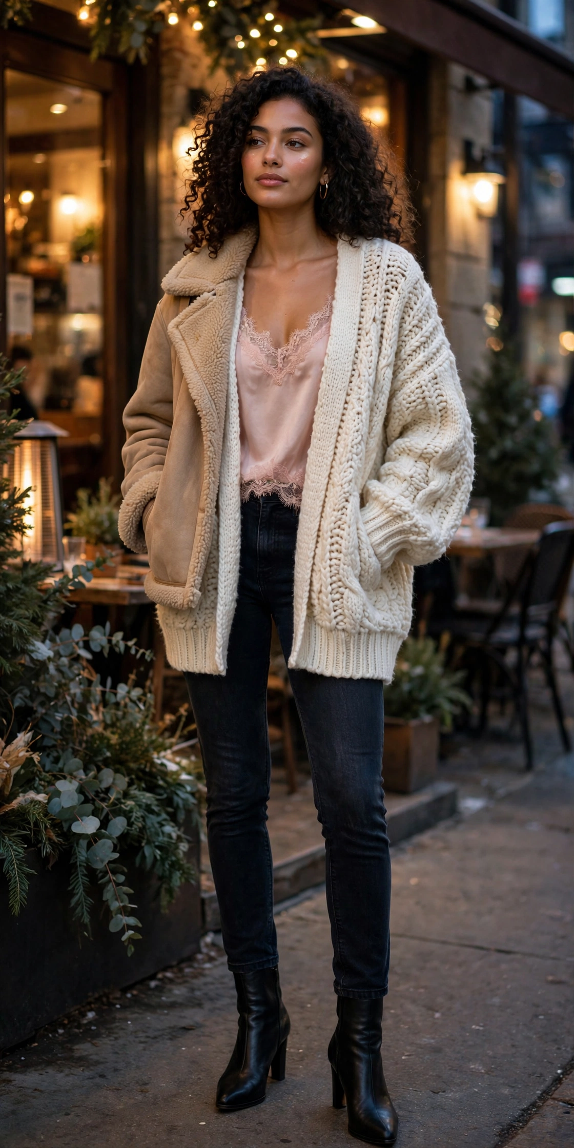 Woman layering a turtleneck with a blazer and a classic trench coat with ankle boots