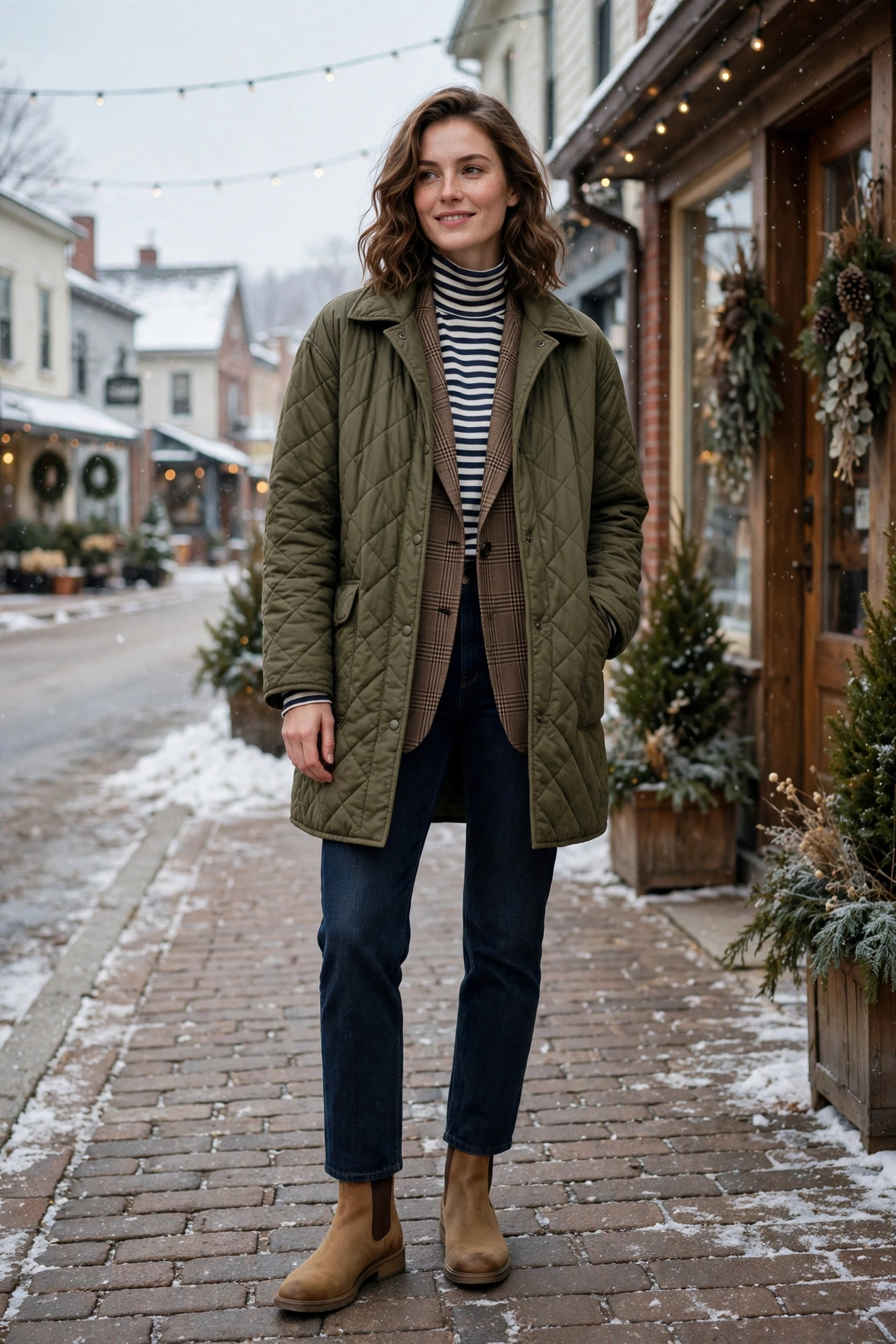Woman wearing a button-down shirt with a sweater vest and a wool overcoat with loafers