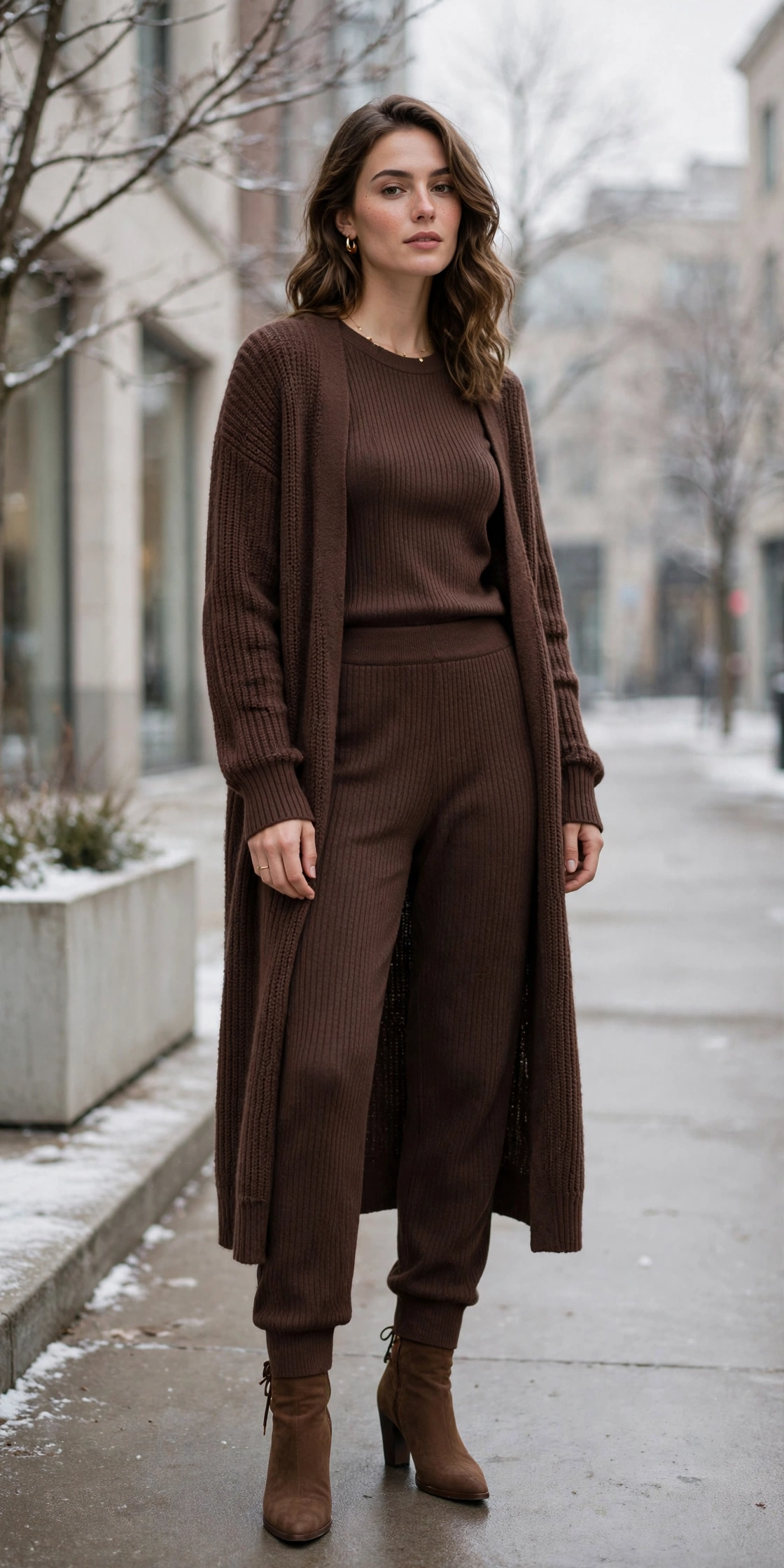 Woman in a turtleneck with a satin slip skirt, tights and a puffer coat with sneakers