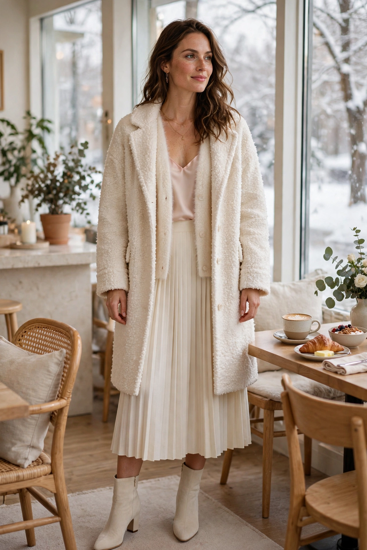 Woman in a turtleneck with a corduroy pinafore dress, tights and Mary Jane shoes