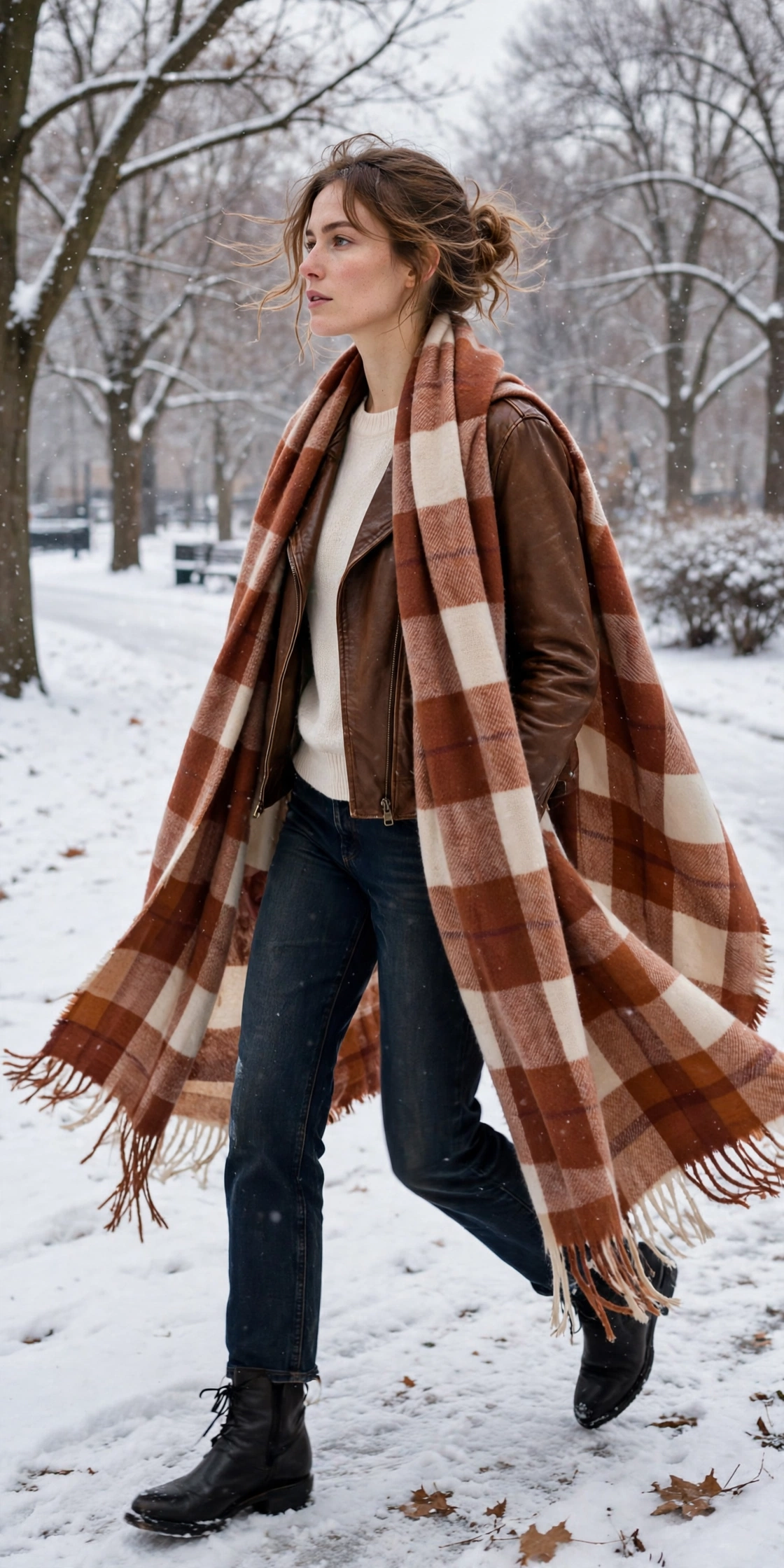 Woman wearing double-layered tops with a bold red statement coat with jeans and boots