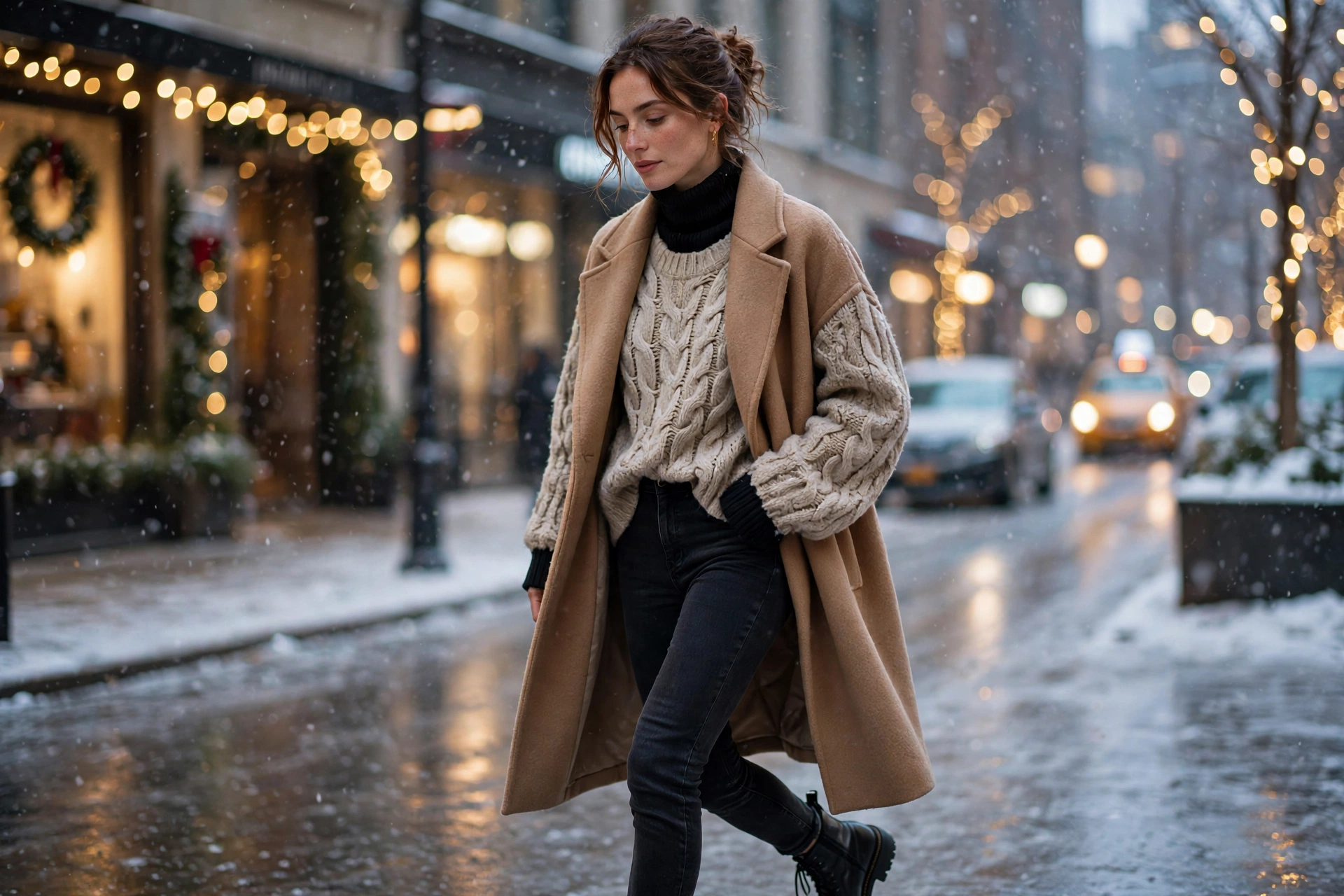 Woman wearing layered winter outfit with turtleneck, blazer and wool coat on snowy street