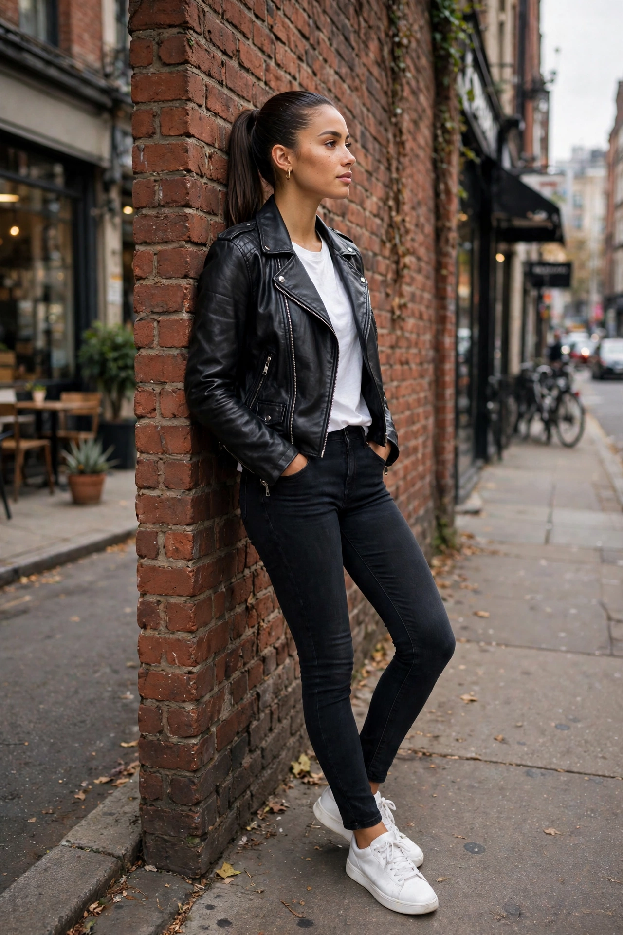 Woman in a classic black moto jacket with a white tee and jeans with sneakers